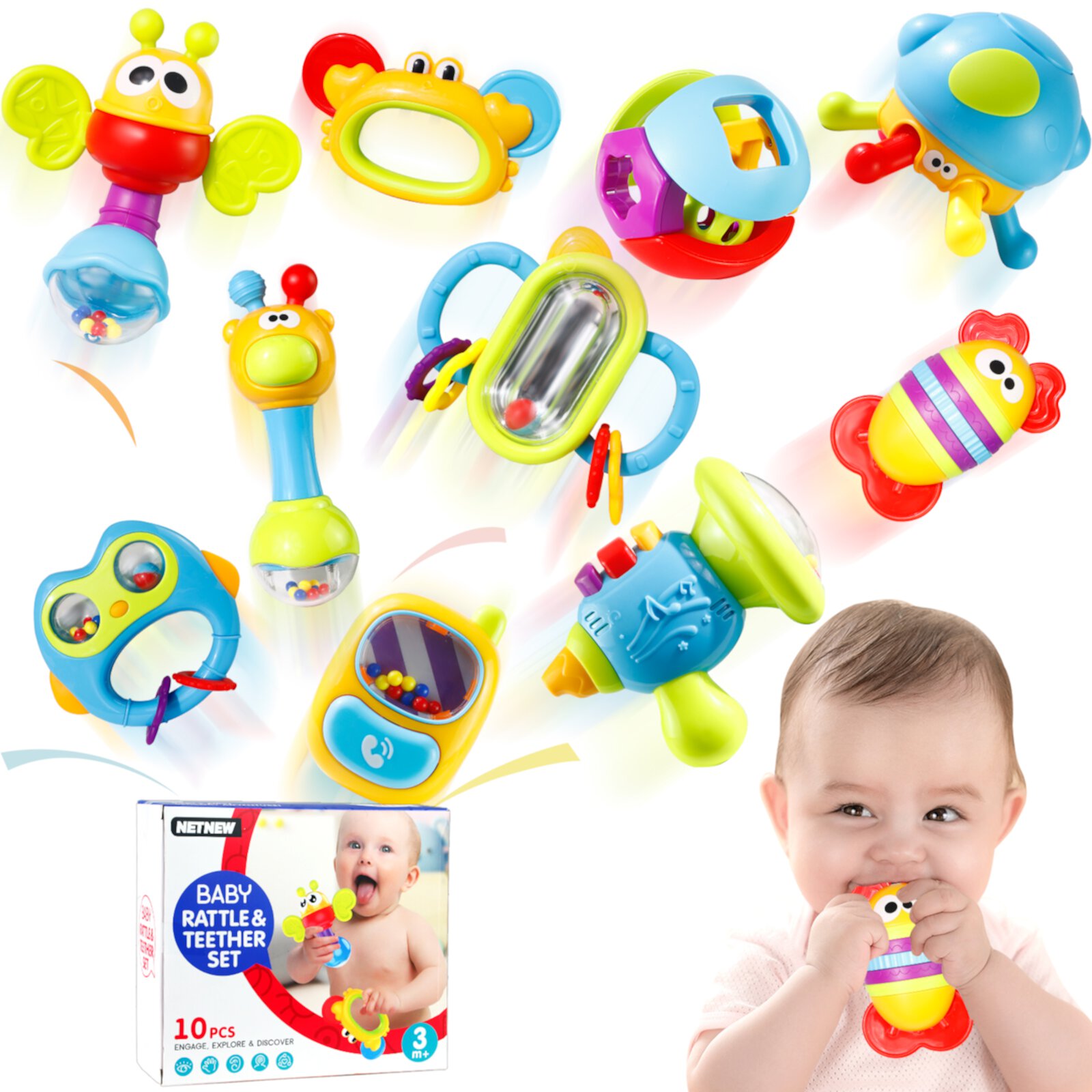 Baby Rattles Toys Set 10pcs Newborn Baby Teethers Toys 3-6 Months Infant Developmental Sensory NETNEW