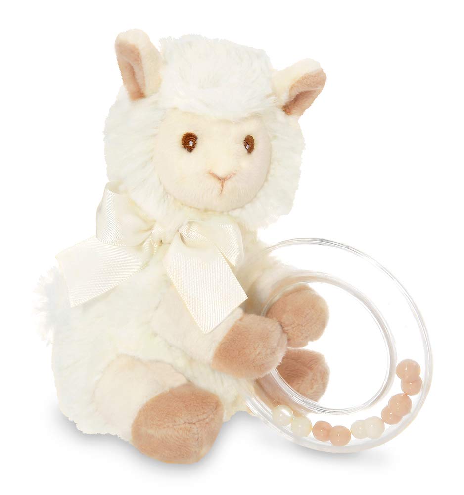 Bearington Baby Lil’ Alma Stuffed Animal Rattle: 5.5” Llama Shaker Toy, Satin Bow, Clear Ring and Moving Beads; Makes a Great Baby Shower Gift Bearington Collection