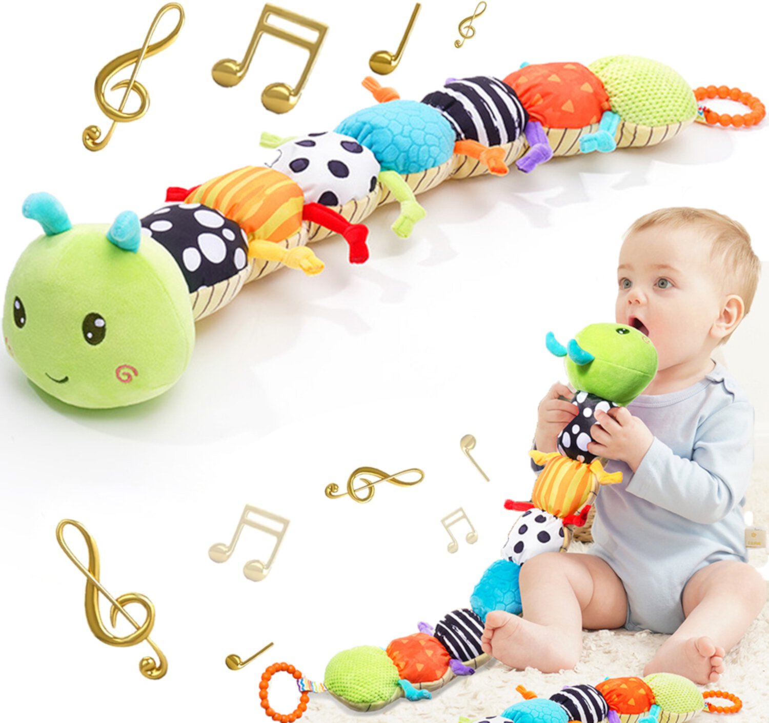 Infant Baby Musical Stuffed Animal Activity Soft Toys with Crinkle, Rattle and Teething Gel,  for Newborn 0-3-6-12 Months Boys, Girls Byseng