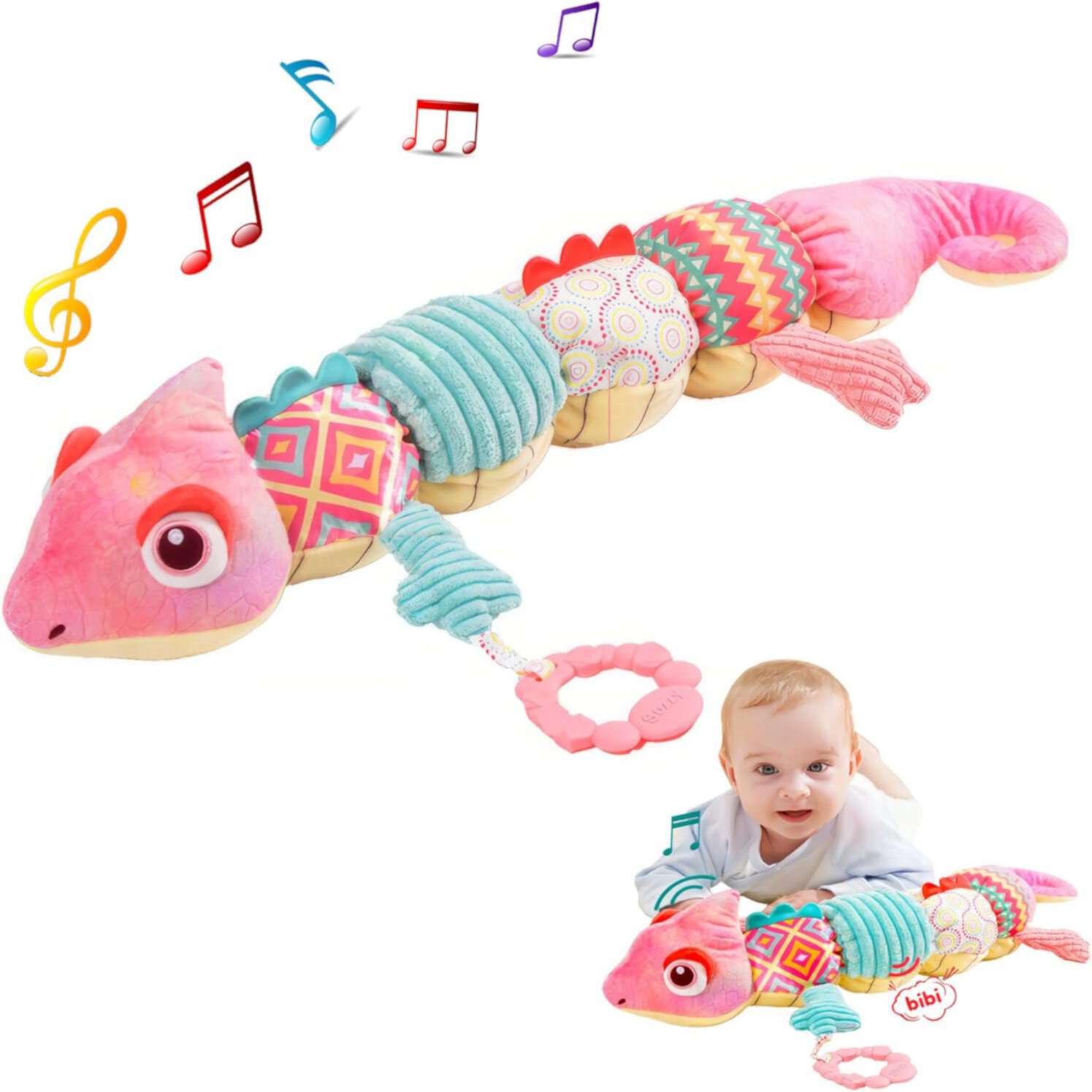 Baby Musical Stuffed Animal Toy with Soft Sensory Rattles and Crinkle Newborn Plush Tummy Time Toys 6+ Months Old Baby Girl Gift, Pink Chameleon TYMZDYN