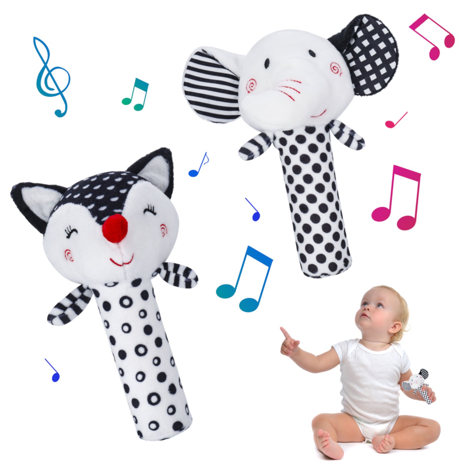 BUBABOX 2Pcs Baby Rattle Toy Sensory for 0-6 Months,Baby Plush Rattle Toy, Black and White Newborn Teething Ring Cartoon Stuffed Animal Elephant Fox Infant Shower Gift(Black) Abaima