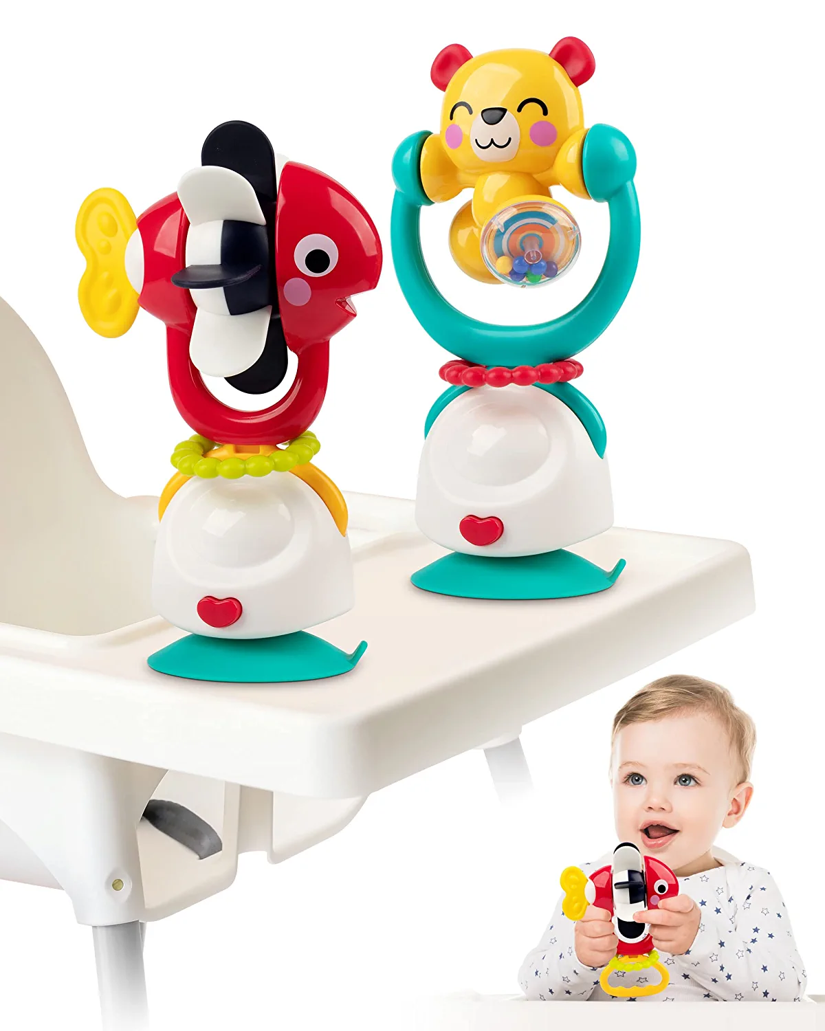 2 Pack High Chair Suction Toys for Baby Rattles Set 6 to 12 Month, 2-in-1 Infant High Chair Toys with Suction Cups for Baby Toys 12-18 Month Toddlers Table Tray Toys Gifts for 1 2 Year Olds Boys Vanmor