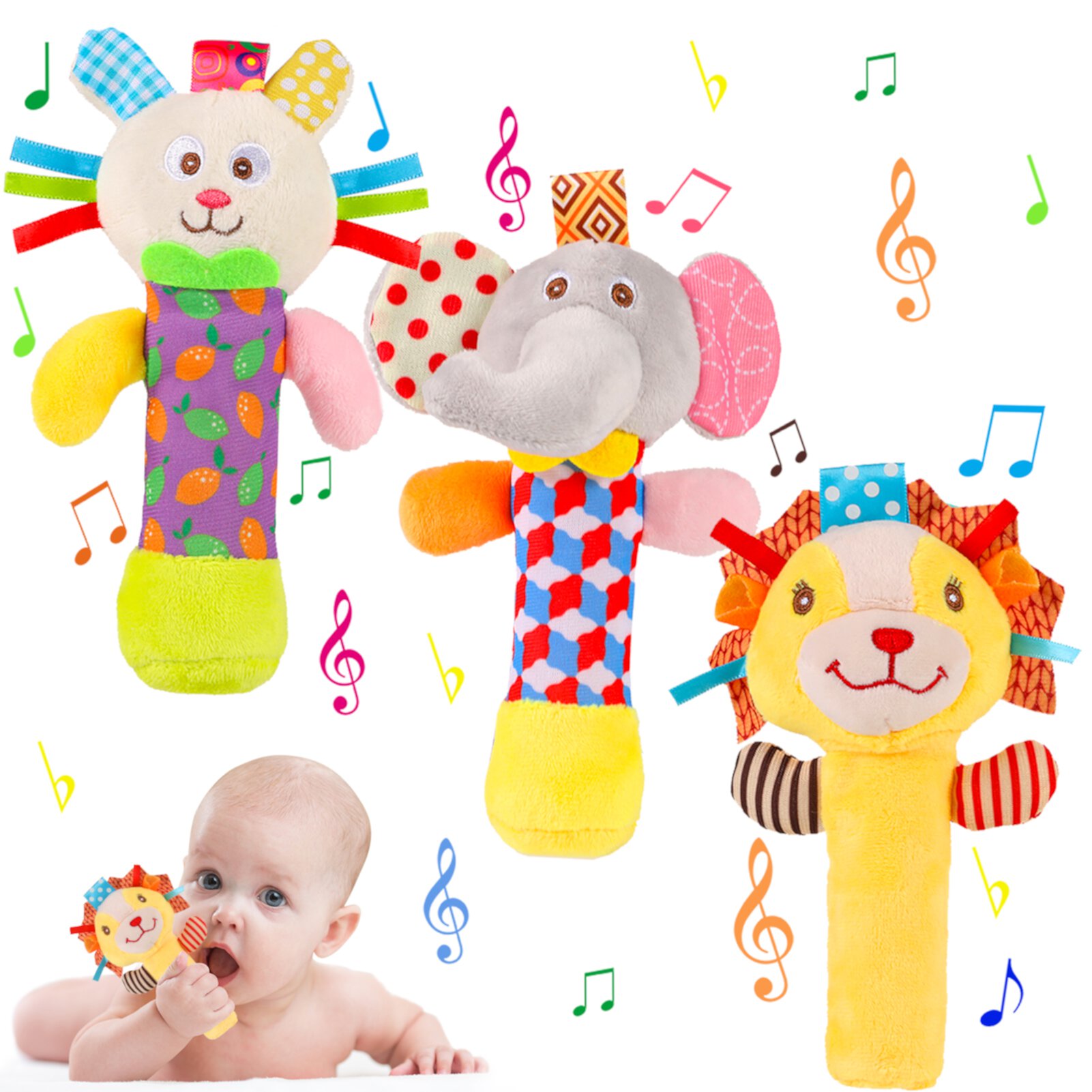 sixwipe 3 Pcs Baby Soft Rattles Toys, Baby Sensory Rattle Toys, Plush Animal Rattle Toys, Infant Squeak Sound Sensory Toys for 0-6 Months Newborn Sixwipe