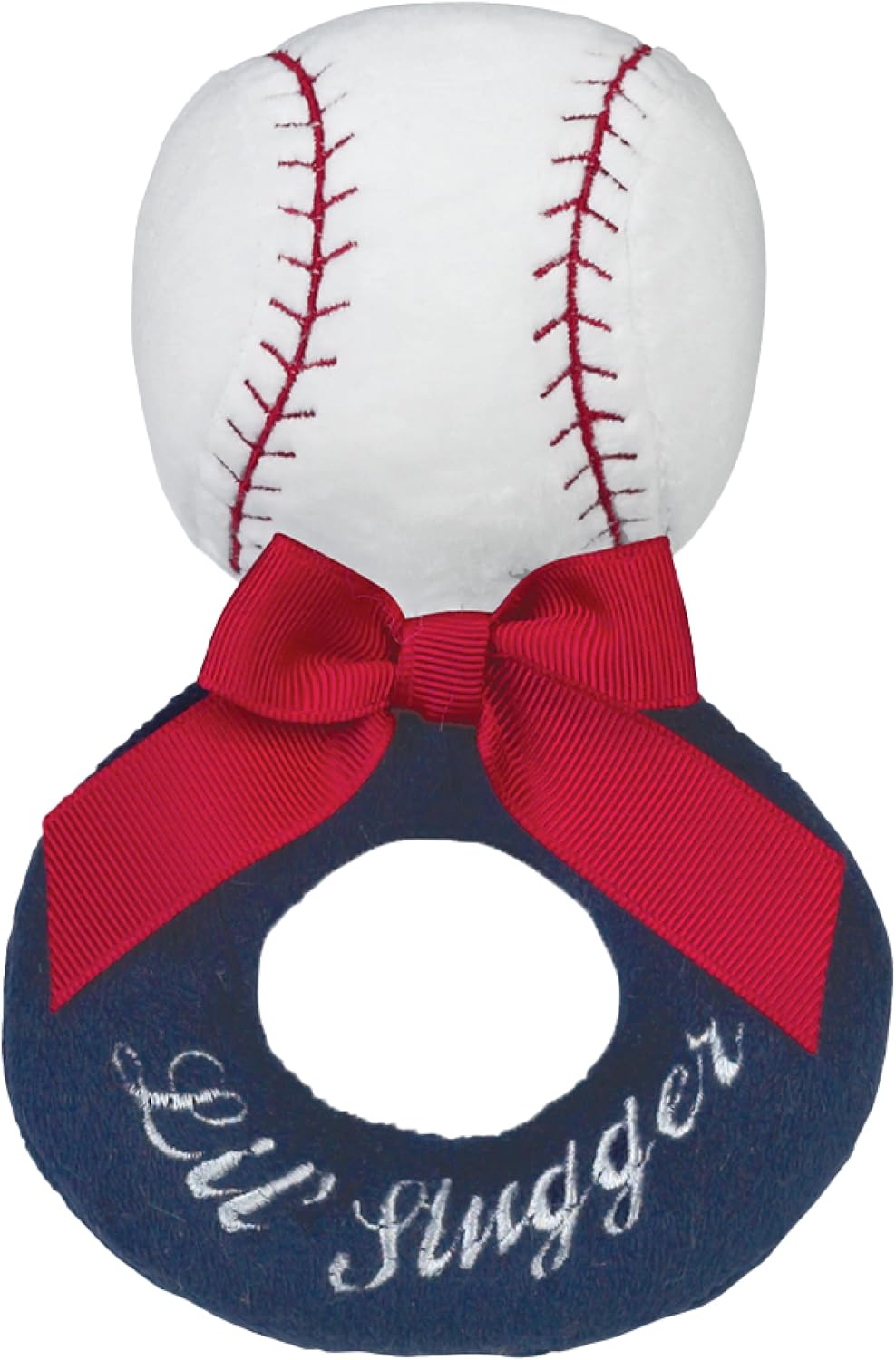 Bearington Baby Lil’ Slugger, 5.5 Inch Red, White and Blue Plush Stuffed Baby Baseball Soft Ring Rattle Bearington Collection