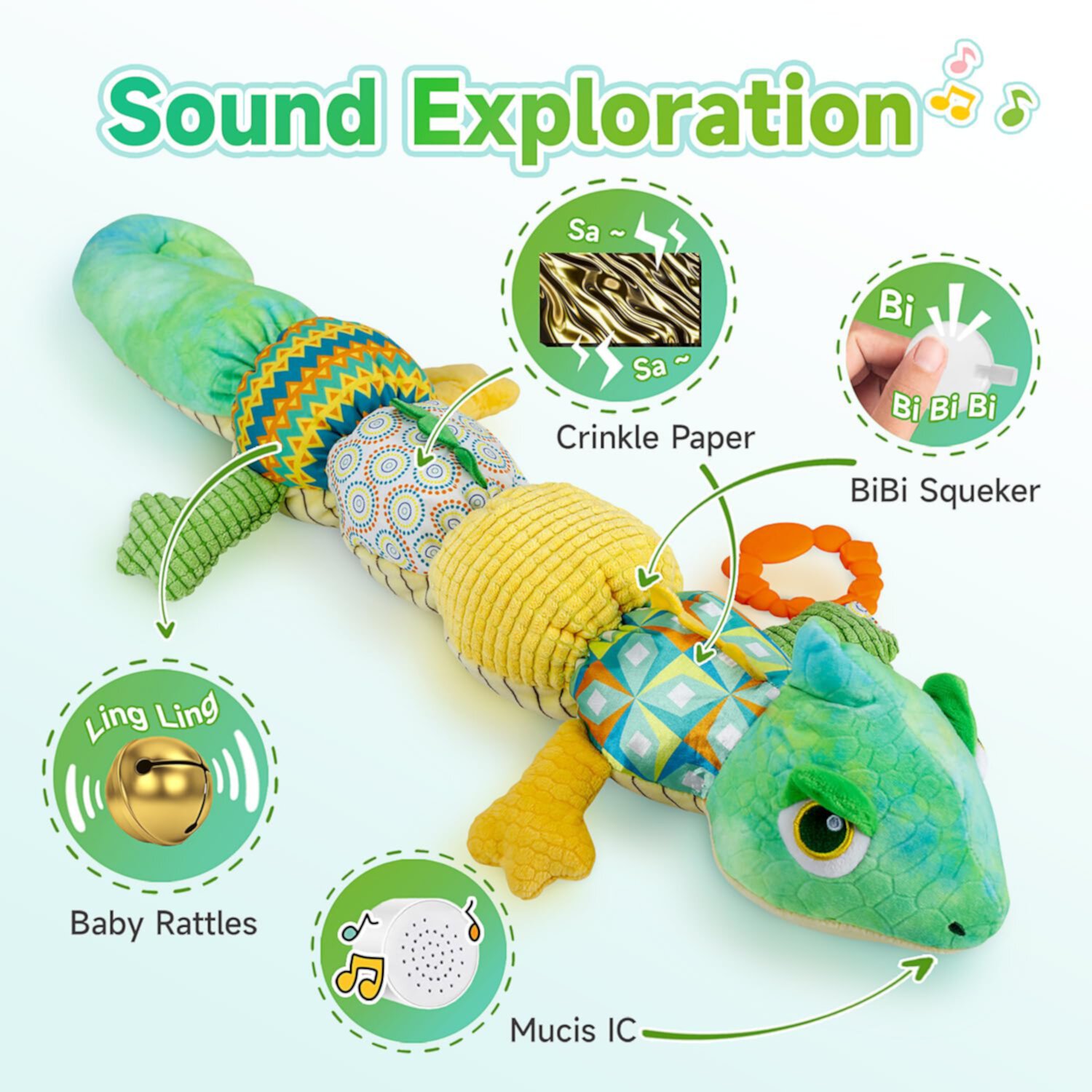 Baby Toys 0-6 Months, Musical Animal Stuffed Toys with Rattles for Tummy Time Infant Baby 6-12 Months Christmas Gifts (Green Chameleon) INvench