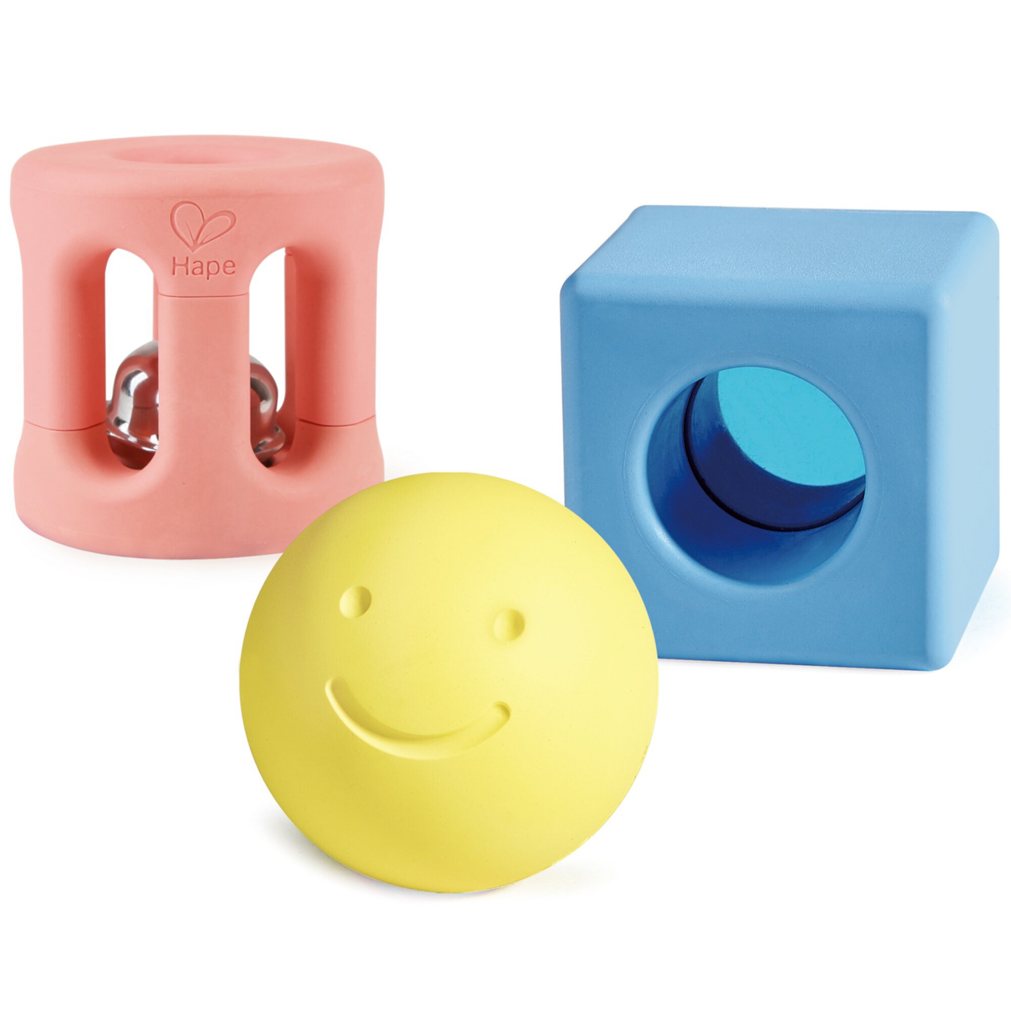 Hape: Geometric Rattle Trio - 3pc Teething & Shake Toy, Rice Material, Safe To Chew, Soft Pastel Colors, Ball-Rattle-Lense, Baby & Infant Ages 0mo+ Hape