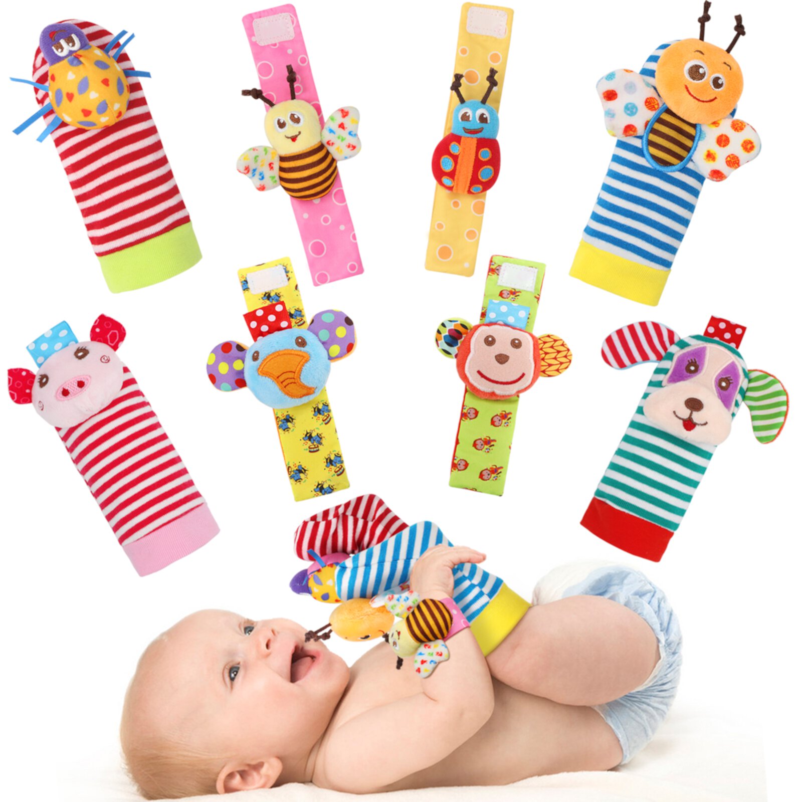 BLOOBLOOMAX Soft Baby Toys, Wrist Rattles Foot Finder Rattle Sock Baby Toddlor Toy, Rattle Toy for 0 1 2 3 Years Old Baby Boys or Girls(8 PCS-A) BLOOBLOOMAX