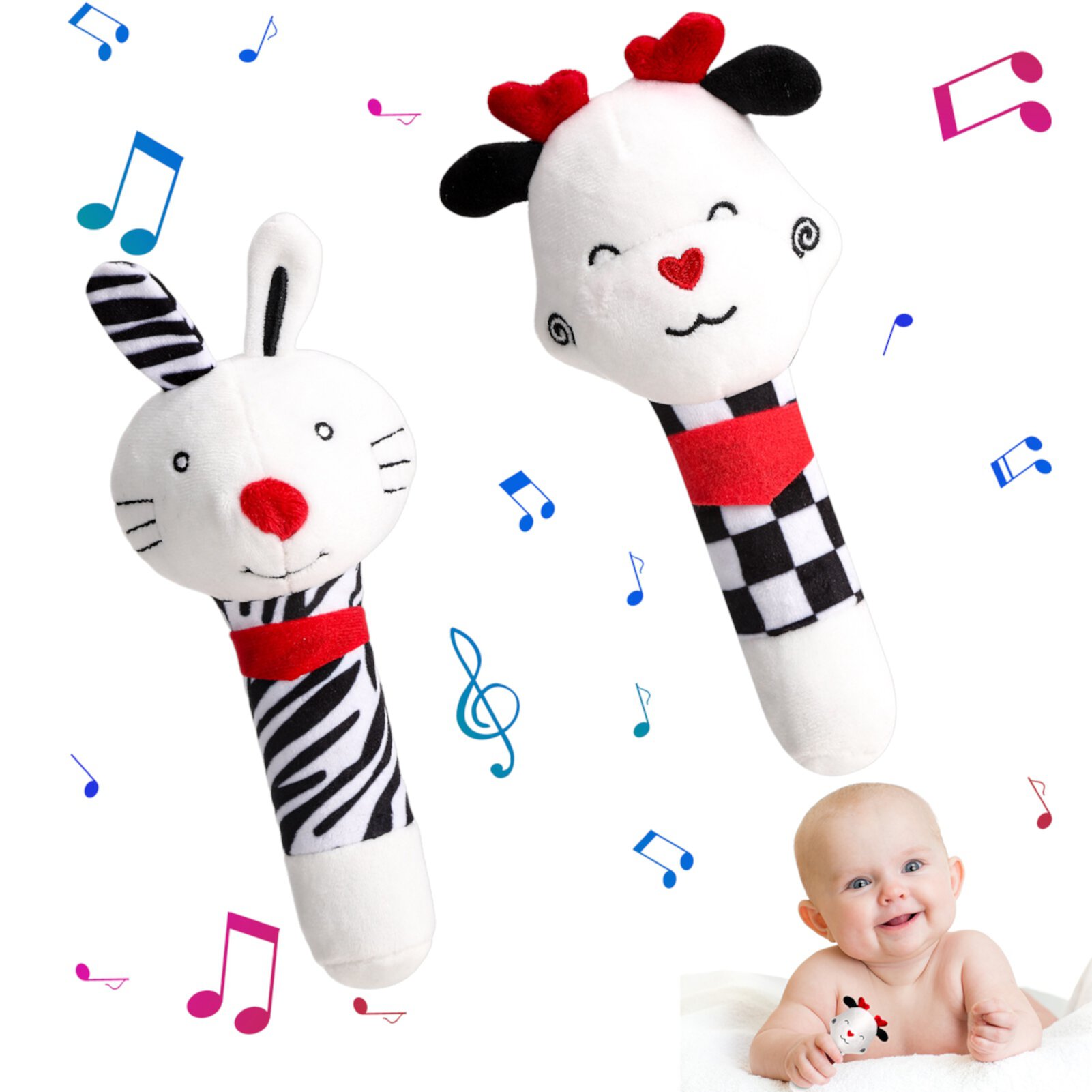 sixwipe 2 Pcs Baby Sensory Rattle Toys , High Contrast Black and White Soft Plush Rattle Shaker with Teether, Newborn First Rattle Animal Early Educational Toy for Infant Boys and girl Sixwipe