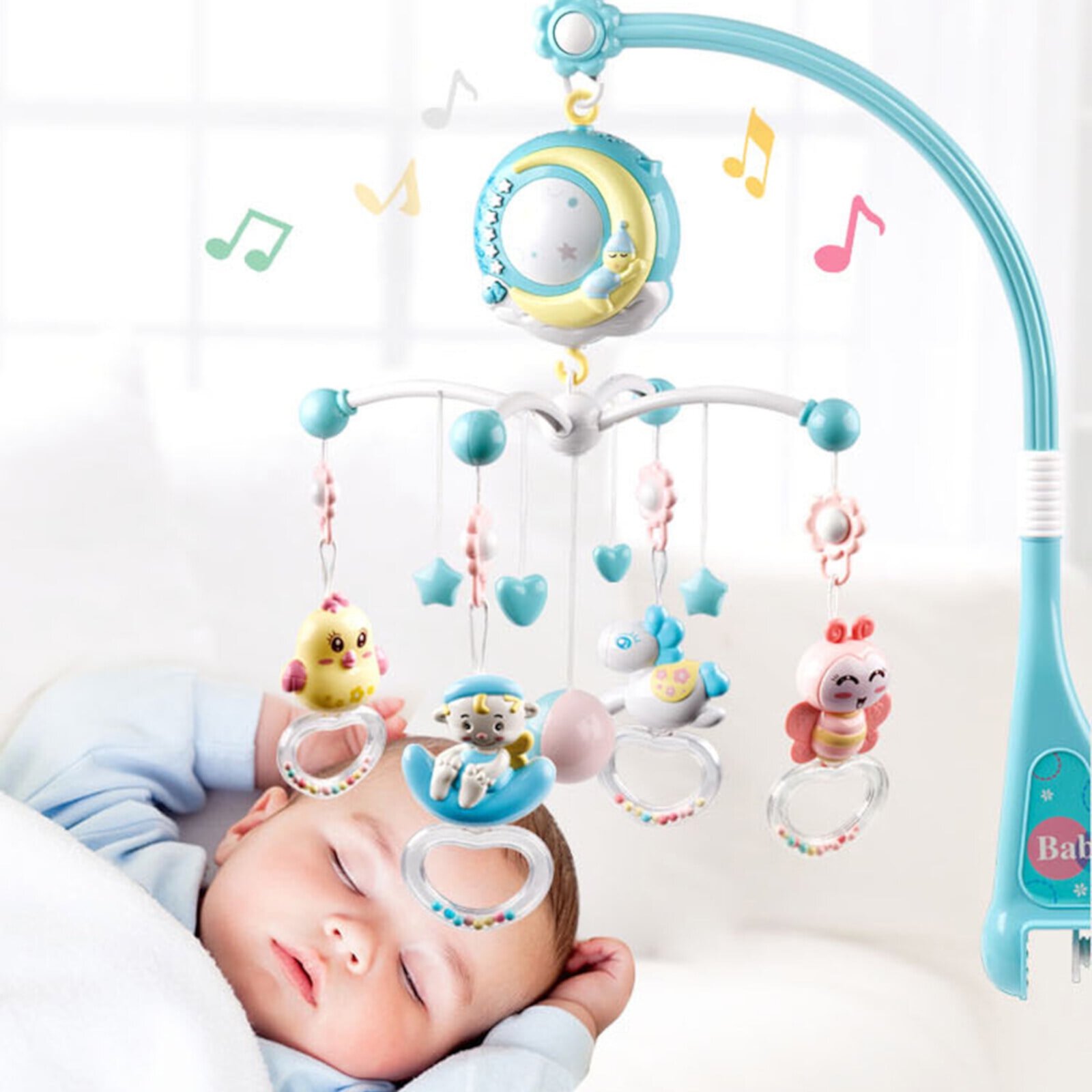 Yolispa Baby Musical Crib Bed Bell, Crib Mobiles with Music Light, Baby Bed Toy with Music Box, Crib Toys with Music and Lights Remote Control for Newborn Boys and Girls Yolispa