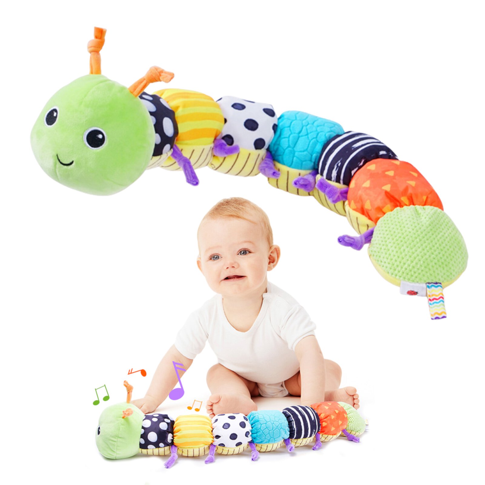 Baby Toy Music Caterpillar Multicolor Baby Toy Fold Rattle Soft Tape Ruler Design, Bells and Rattles Educational Toddler Plush Toys, for Tummy Time Newborn 0-3-6-12 Months Boys, Girls VATENIC