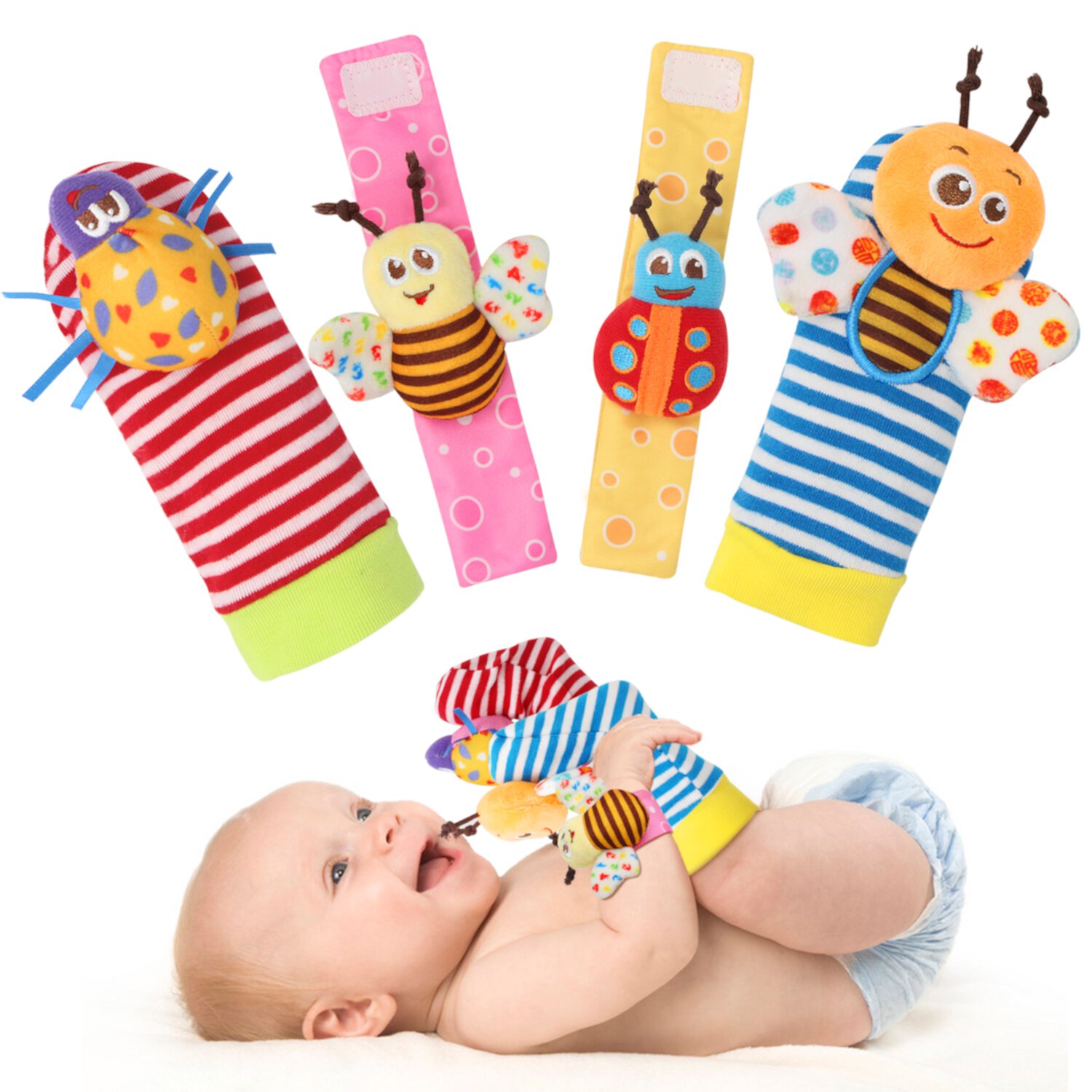 Wrist Rattles Foot Finder Rattle Sock Baby Toddlor Toy, Infant Rattle Toy, Arm Hand Bracelet Rattle, Feet Leg Ankle Socks(4 pcs) BLOOBLOOMAX