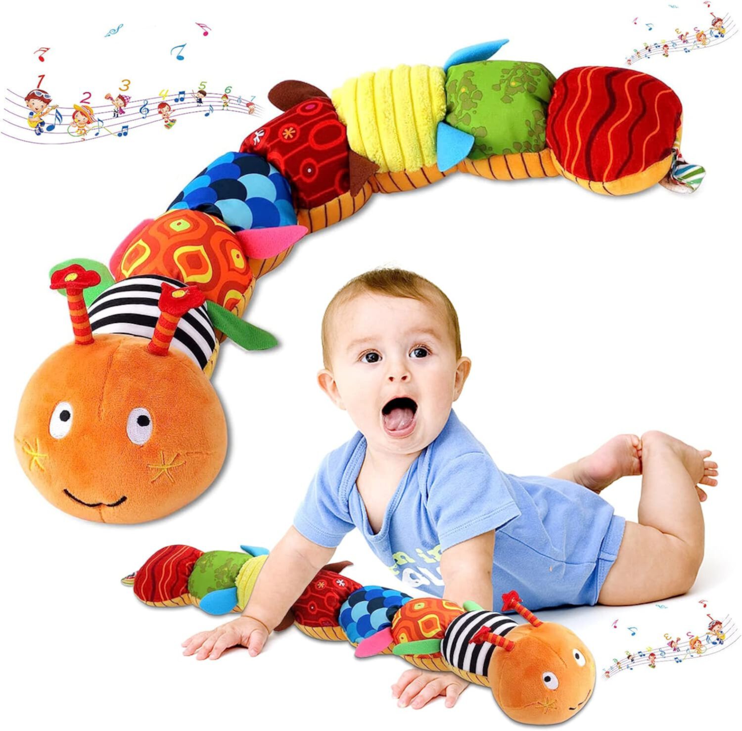 Baby Toy Musical Caterpillar Multicolor Toy Crinkle Rattle Soft with Ruler Design, Bells and Rattle Educational Einsteins Toy Sensory Toddler Toy Toy for Boys Girls 0 3 6 12+Months Futhstar