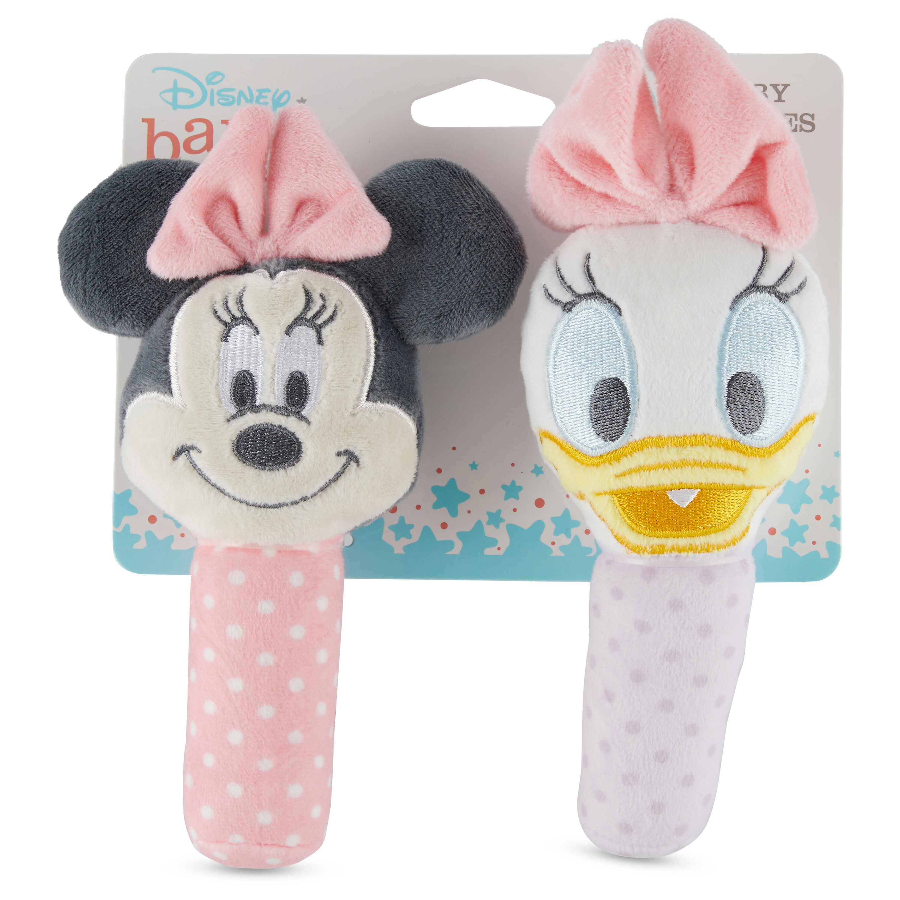 Minnie Mouse and Daisy Assorted Plush Lovie Rattle Set - Soft and Cuddly Plush Material, Sensory Stimulation, Vibrant Colors and Details Disney