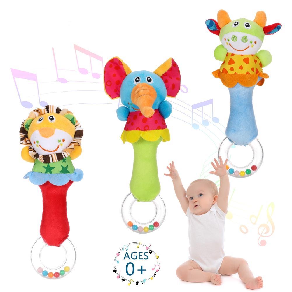 HEQUSIGNS 3Pcs Baby Soft Rattles Toys, Baby Rattle Infant Sensory Development Hand Grip Toys, Cute Stuffed Animal Handbells for 0-6months Newborn, Boys, Girls HEQUSigns