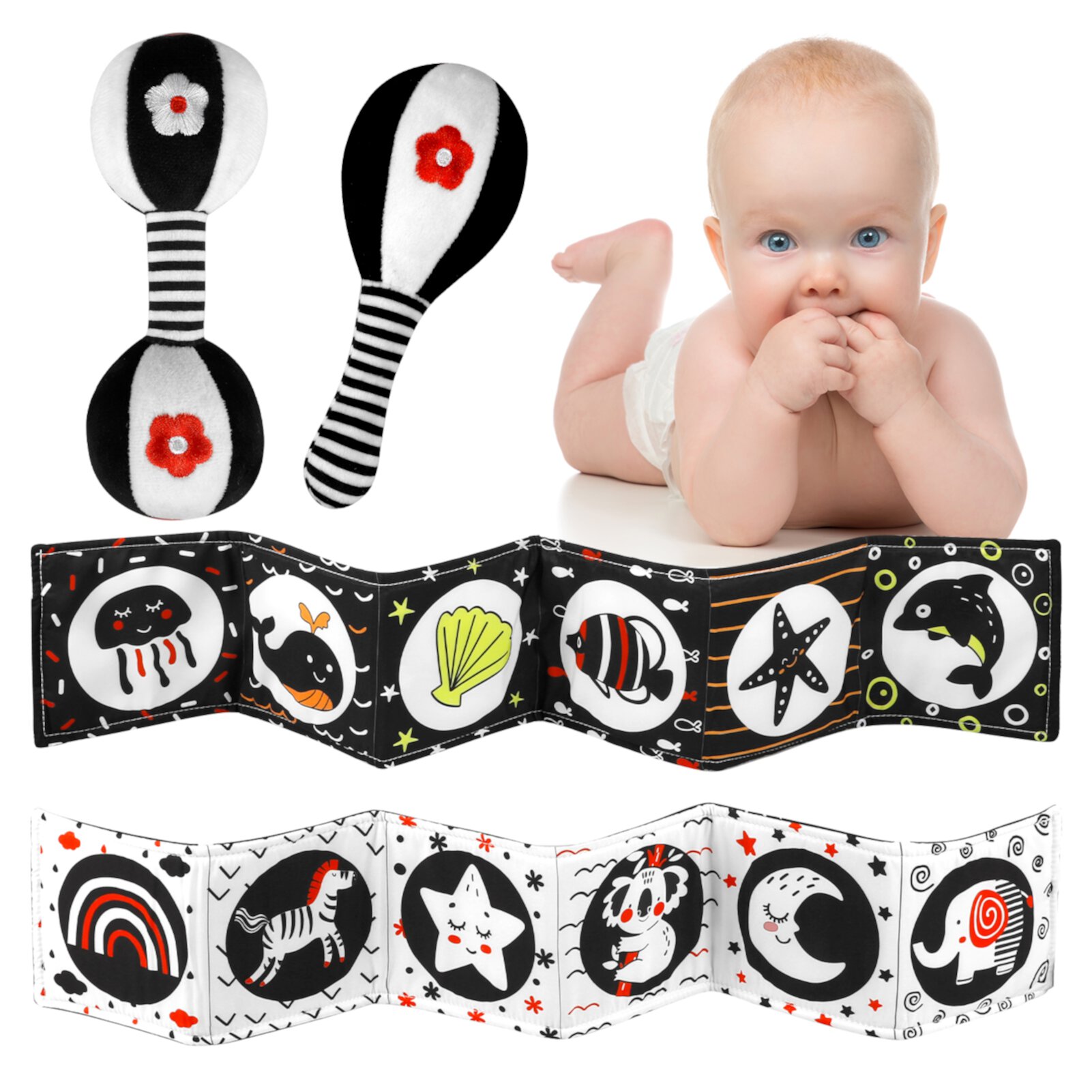 BUBABOX 3Pack Baby Rattle Toy Sensory Black and White High Contrast Soft Book, Baby Dumbbell Toy Rattle Black and White Soft Rattles for Newborn Baby Toys 0 3 6 9 12 Months Boys Girls Gift Abaima