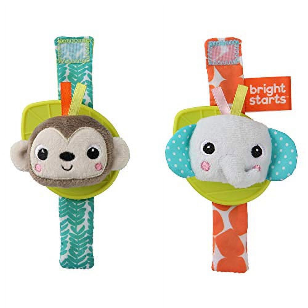 Bright Starts Rattle & Teethe BPA-free Baby Wrist Pals Toy - Monkey & Elephant, Ages Newborn+ Bright Starts