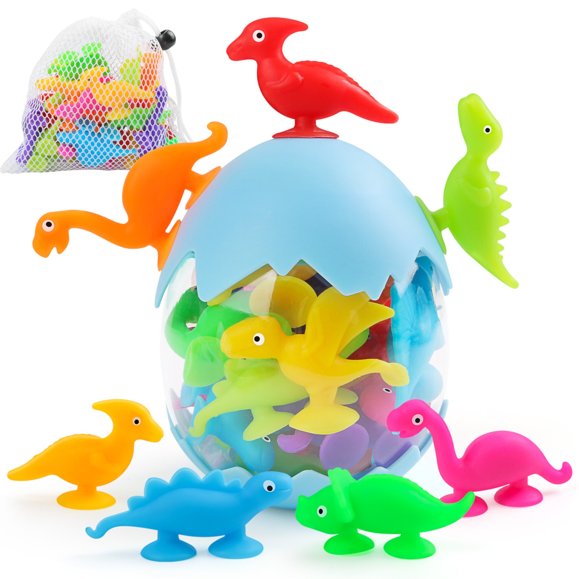 Baby Suction Cups, 16PCS Dinosaur Sucker Toys with Eggshell Storage, Sensory Bath Toys for Kids Ages 4-8, Counting Learning Color Tool, Window Toy Meizantong