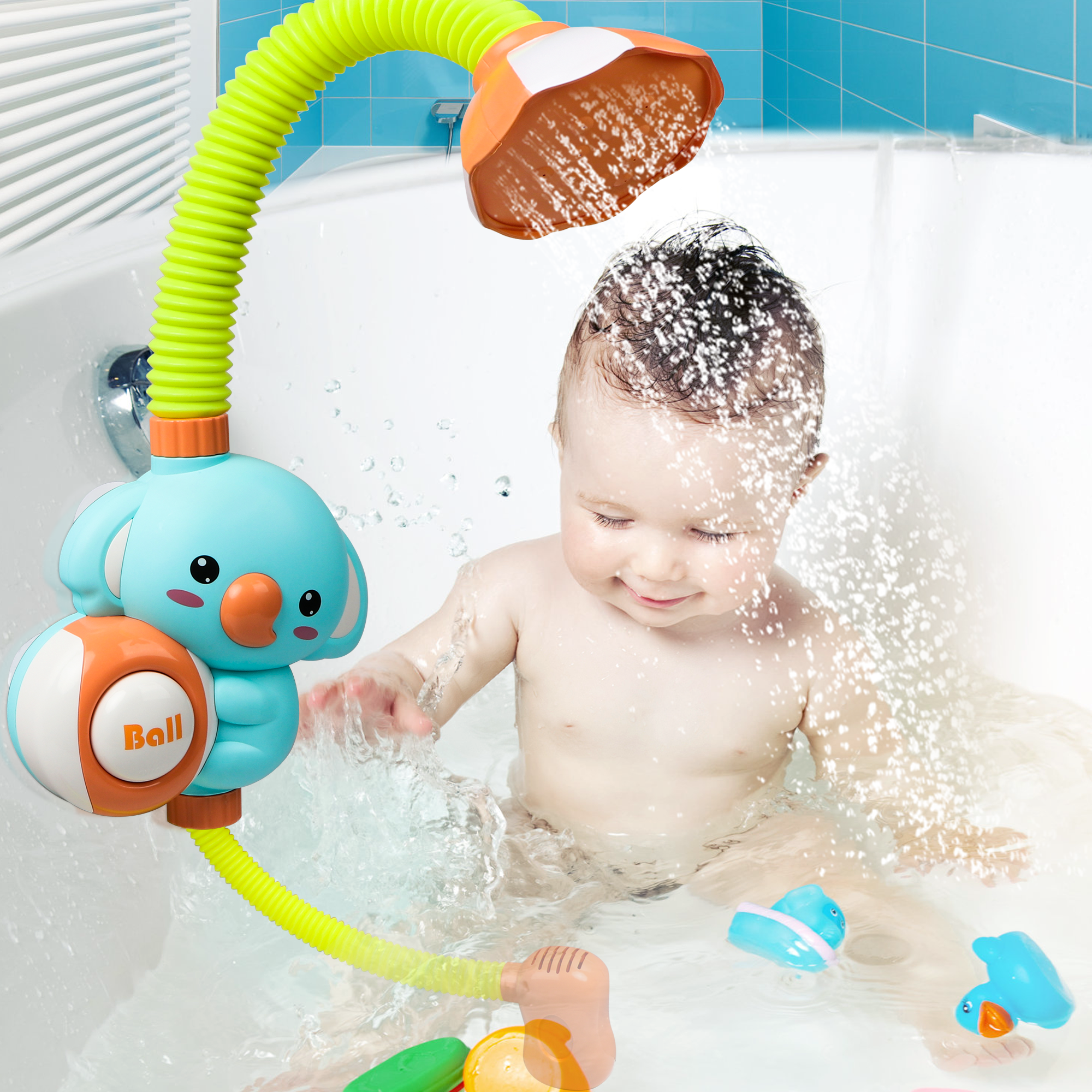 HopeRock Baby Bath Toy Toddler Water Spray Shower Head, Bathtub Water Pump Cartoon Elephant Shower for Infants Kids, Blue HopeRock