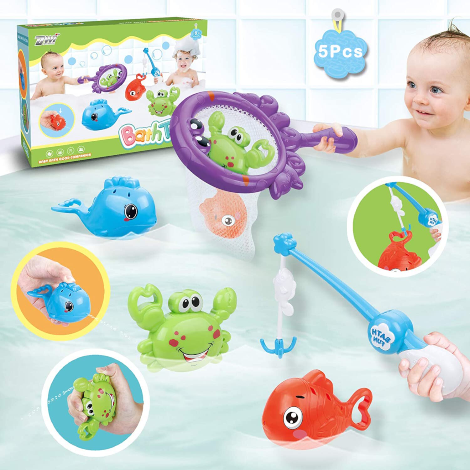 Baby Bath Fishing Toys, Bathtub Pool Toys Set with Fishing Pole & Net, Bath Toys for 1 Year Old Toddler Boys Girls Style-Carry