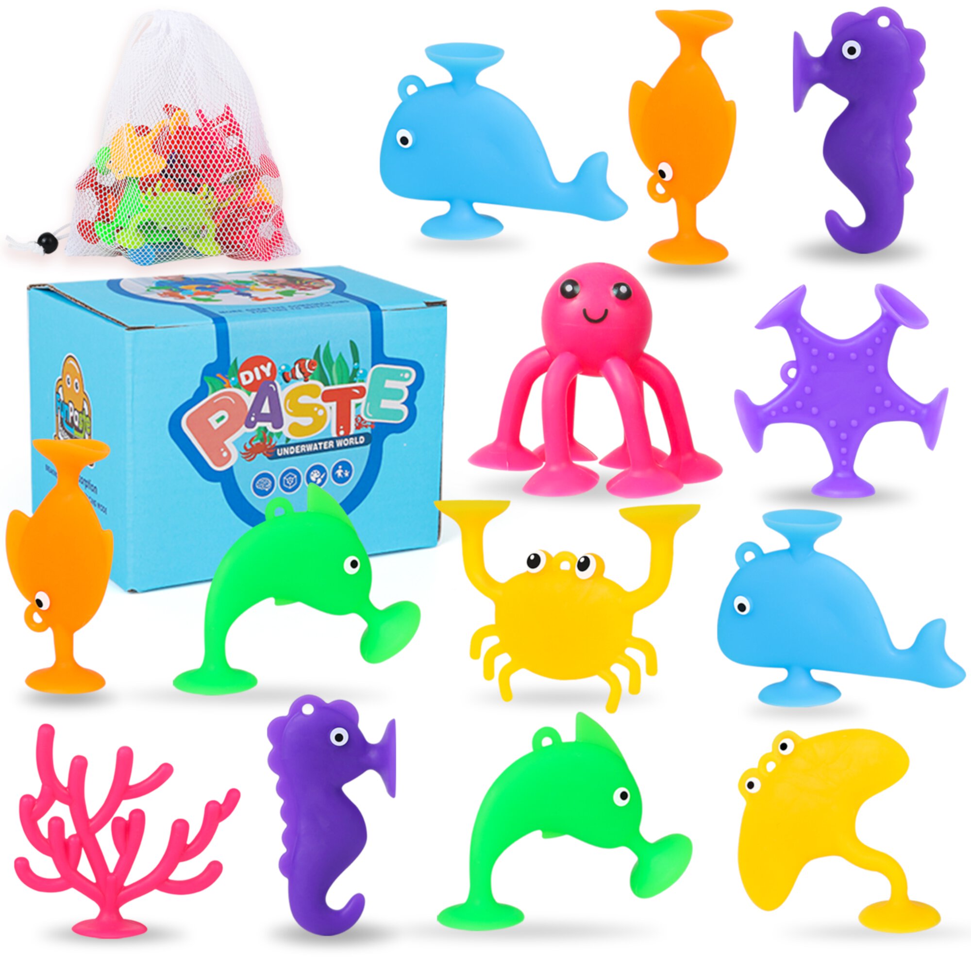 Bath Toy for Kid Age 4-8, 18PCS Baby Suction Cup Toys,Silicone Ocean Animal Suction Cups with Mesh Storage,Boys Girls Birthday Educational Gifts Meizantong