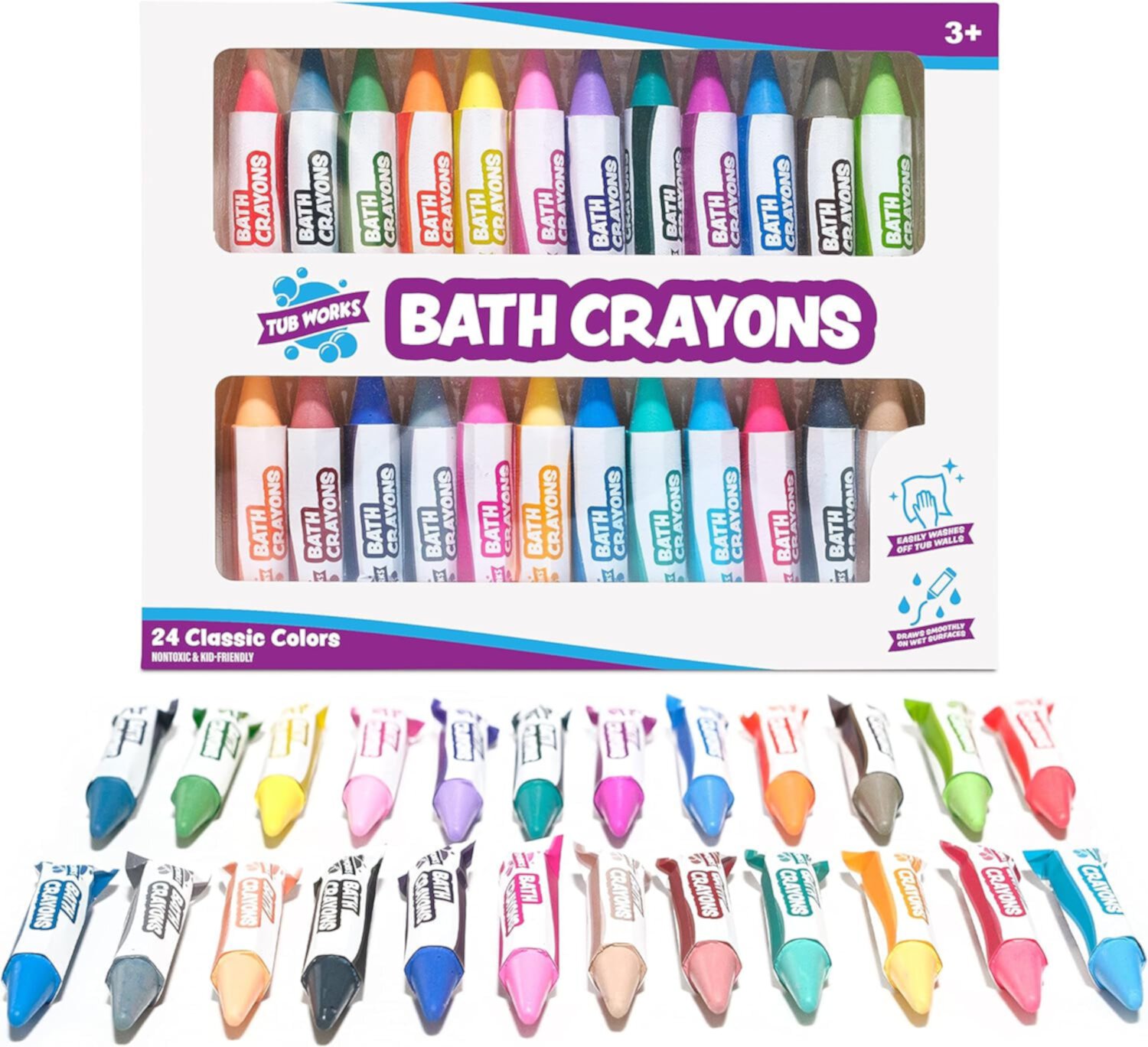 Tub Works Bath Crayons Bath Toy, 24 Pack, Washable Bathtub Crayons, Hexagon Grip for Toddlers & Kids Tub Works