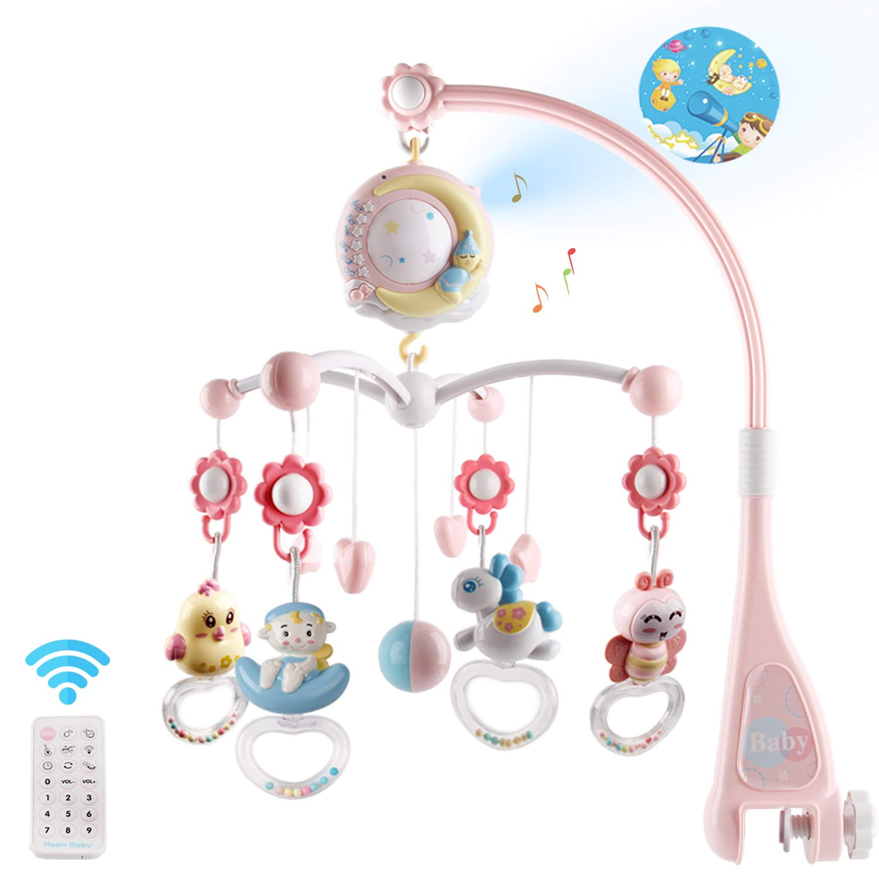 Ltrototea Pink Baby Rattle: Multi-Functional with Remote, Projection, Soft Glue Pendant, and Star-Shaped Buttons for Peace of Mind Ltrototea