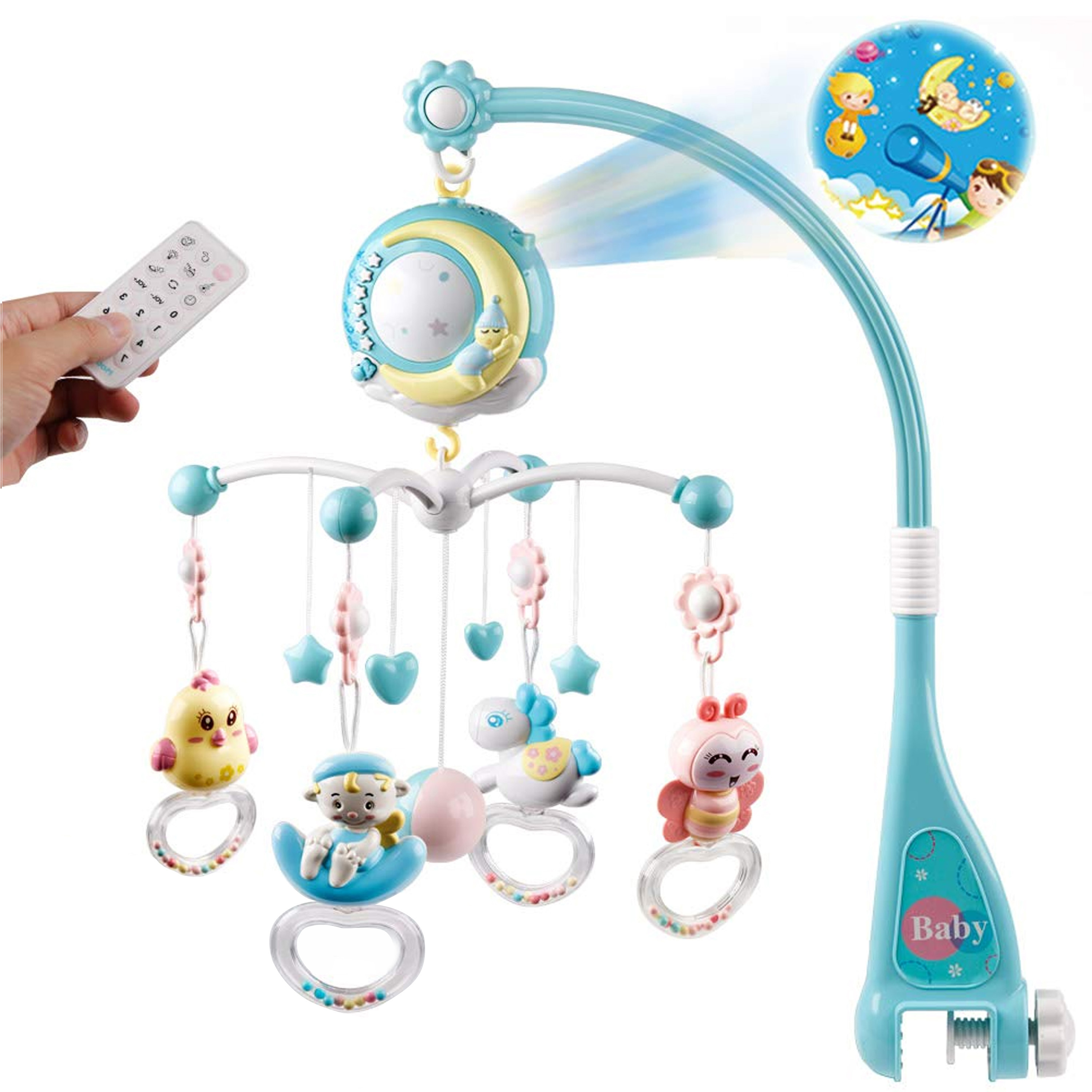 Ltrototea Blue Baby Rattle， Headbell, Nightlight, Music Projection, Remote Control - Soothing Star-Shaped Design for Little Ones Ltrototea