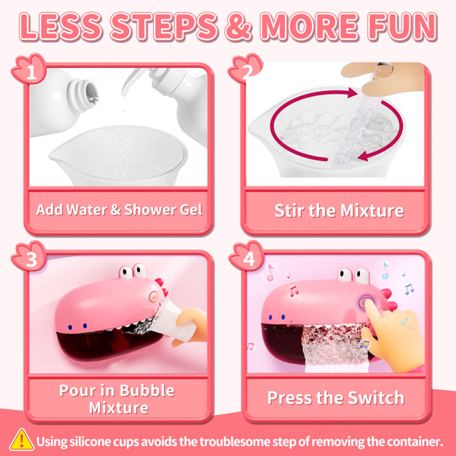 Bath Toys,Toddler Bath Bubble Machine, Bathtub Toy Dinosaur, Bubble Maker with 12 Songs, Bathtime Shower Bath Wall Toy for Boys Girls - Pink OROLIVING