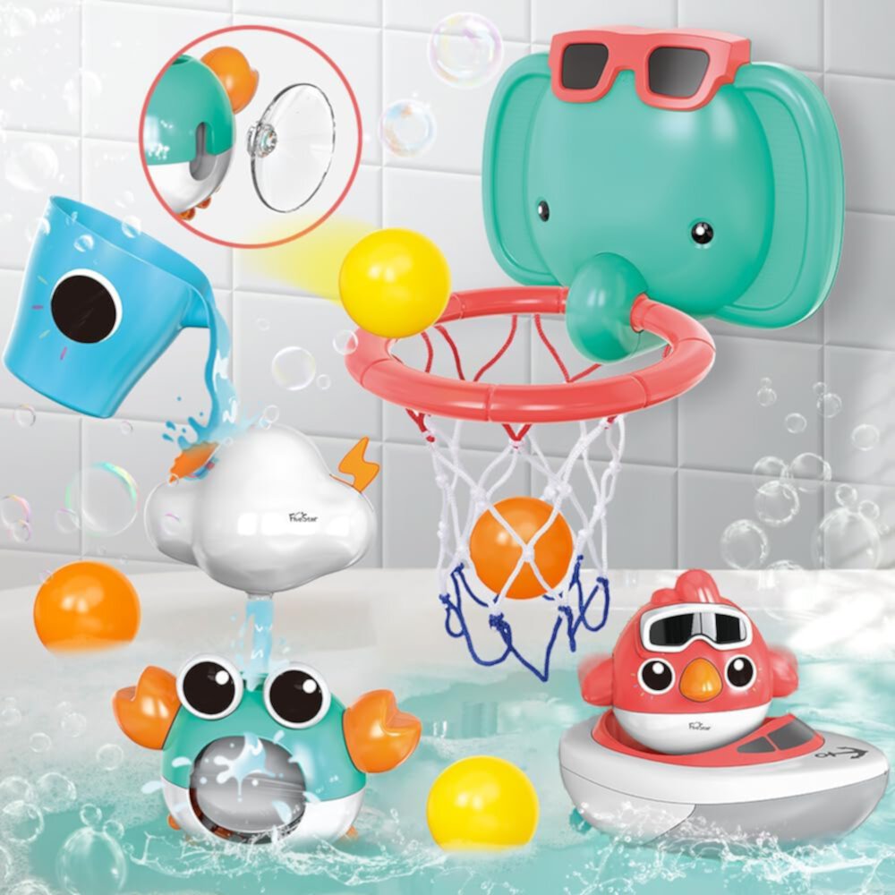 sixwipe Baby Bath Toys, Elephant Basketball Hoop Bathroom Baby Toys for Babies Boys Girls, Baby Bathtub Playset with Bird, Crab, Clouds, Yacht Best Bath Gift for Toddlers 1-3 Sixwipe