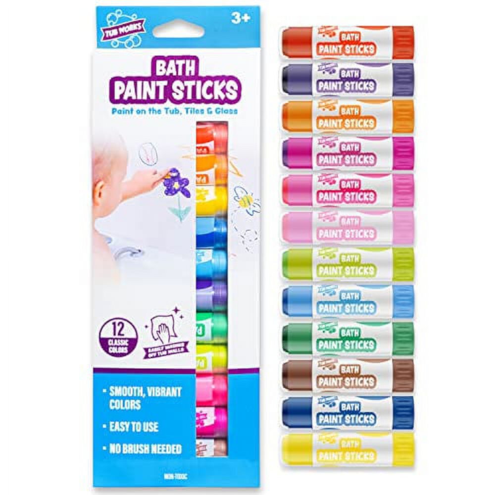 Tub Works Bath Paint Sticks Bath Toy, 12 Count Nontoxic Washable Bathtub Paint for Kids & Toddlers Tub Works