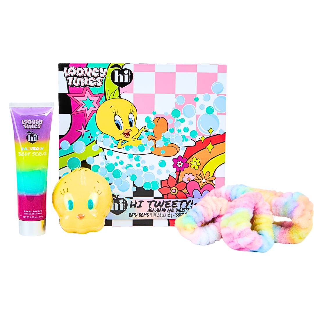 Hi Peach Layne X Looney Tunes Hi Tweety Spa Giftset with Bath Bomb 5.8oz, Body Scrub 8.28oz, Spa Headband & Wristband Hi Peach Layne