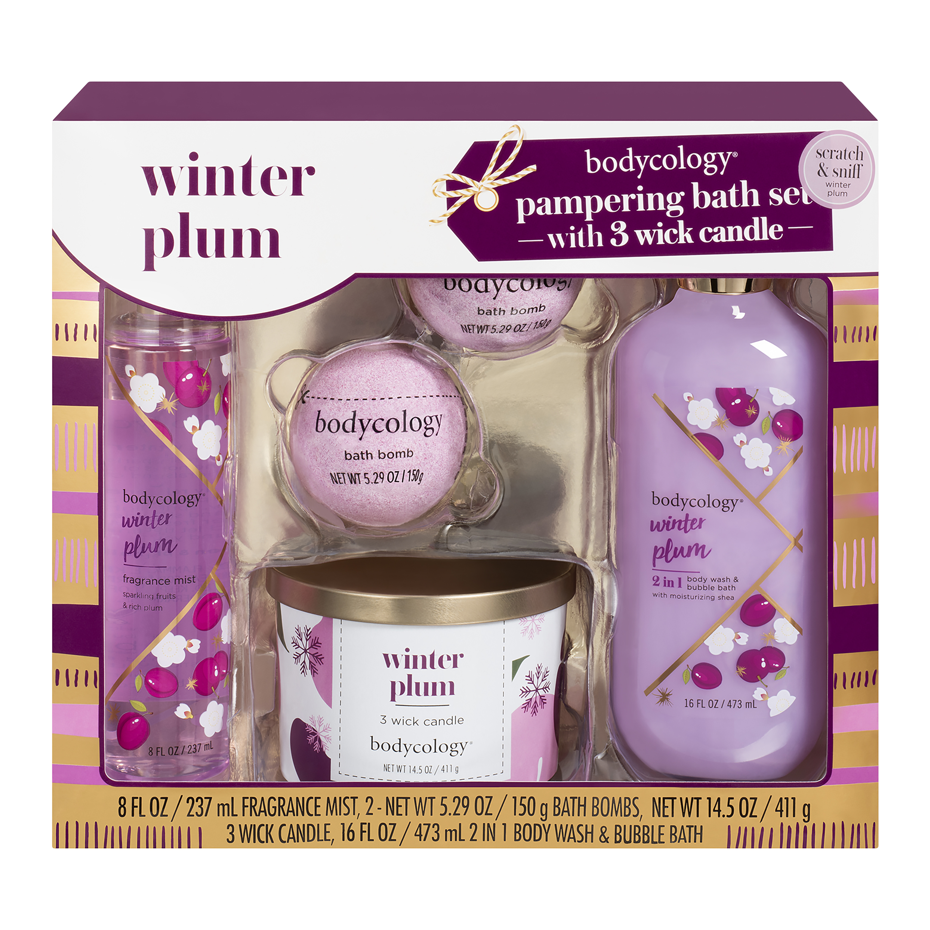 Bodycology Winter Plum Pampering Bath Set with 3 Wick Candle Bodycology