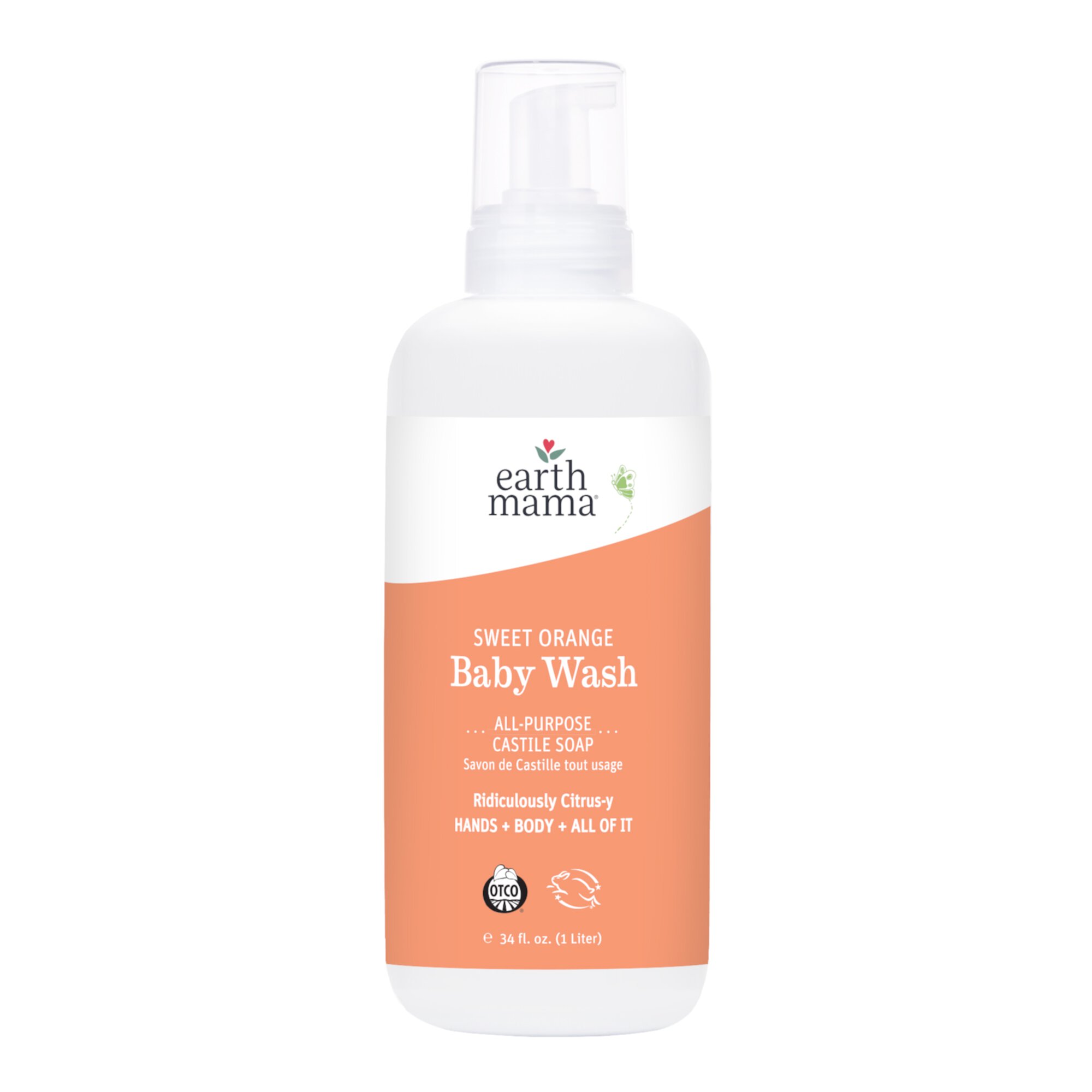 Earth Mama Organics Sweet Orange Baby Wash & Shampoo, Sensitive Skin, Infant & Child 34 fl oz. (1L) Earth Mama