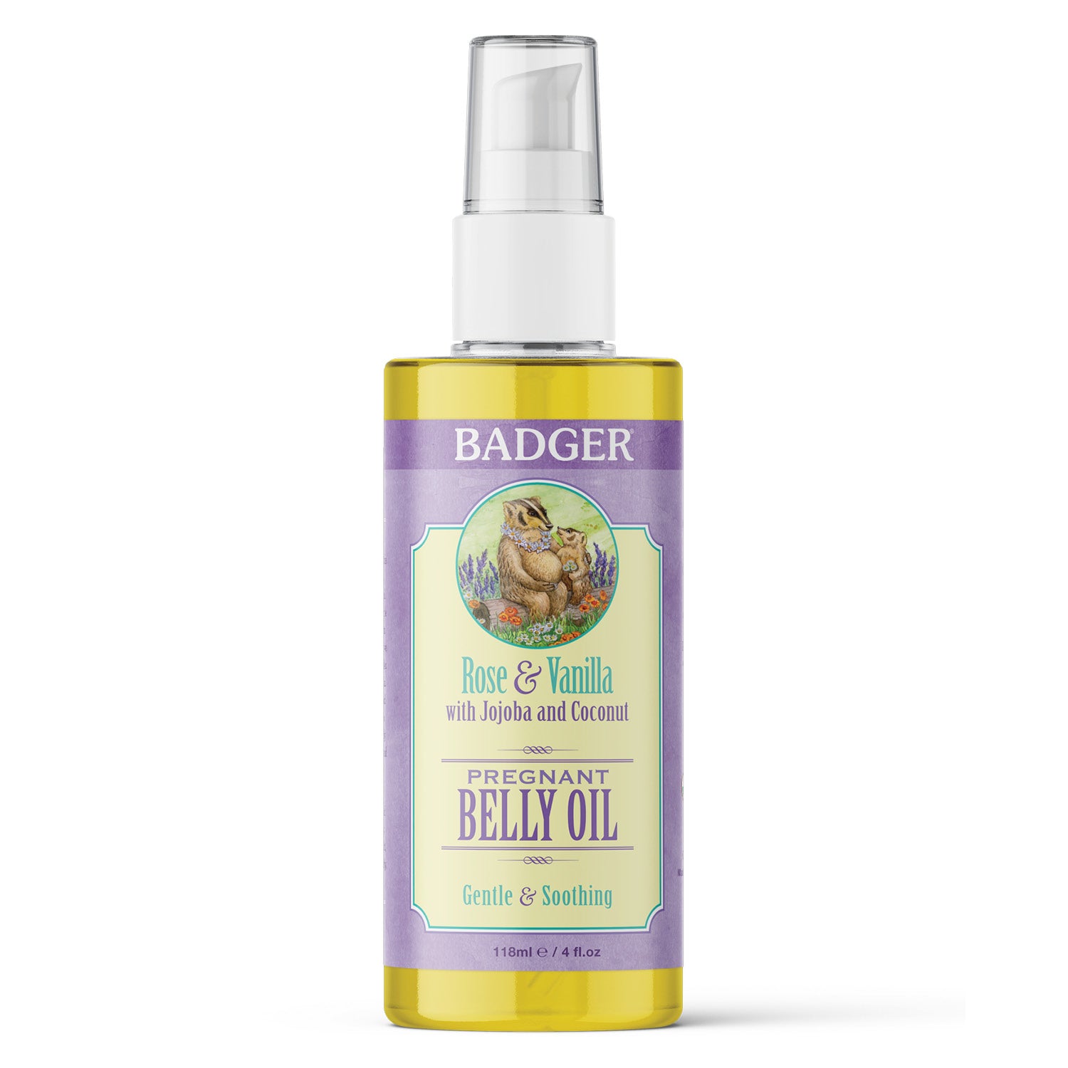 Badger Pregnant Belly Oil w/ Rose & Vanilla 4 fl. oz Glass Bottle Badger