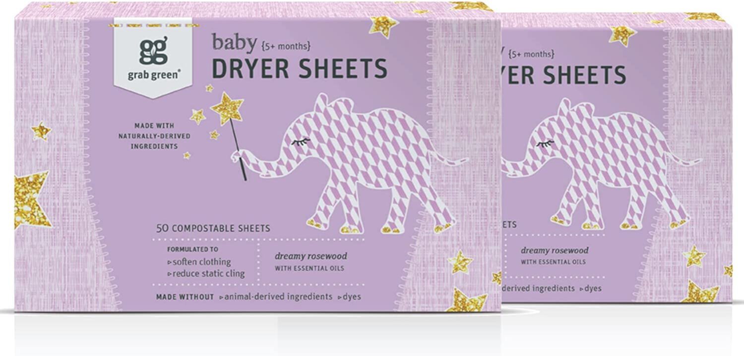 Grab Green Natural Baby Dryer Sheets (5+ Months), Free of Wax & Animal-Derived Ingredients, Dreamy Rosewood Scent,  80 Sheets Grab Green