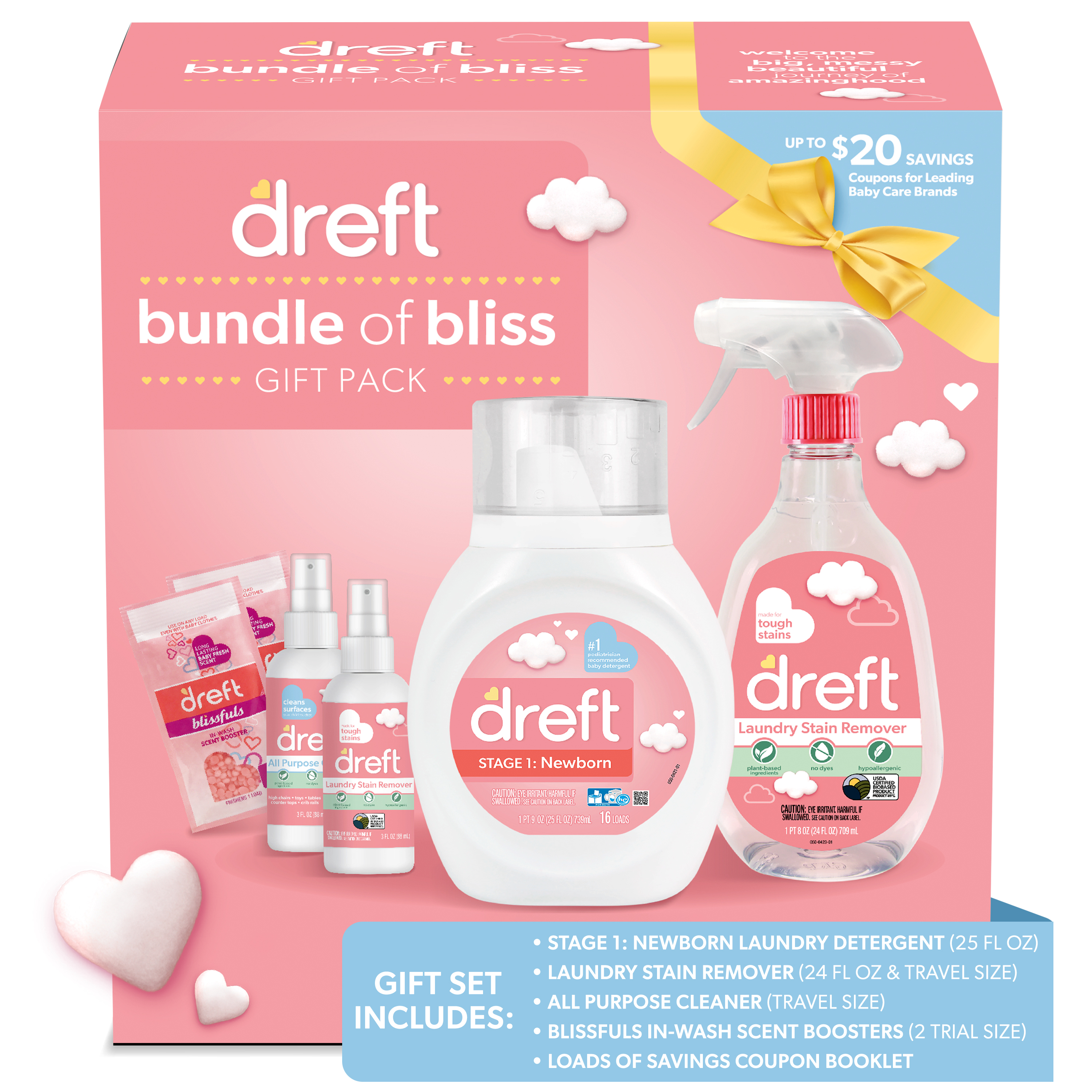 Dreft Bundle of Bliss Baby Gift Set with Laundry Detergent and Stain Remover, Infant Essentials, 16 Loads, 7 Pieces Dreft