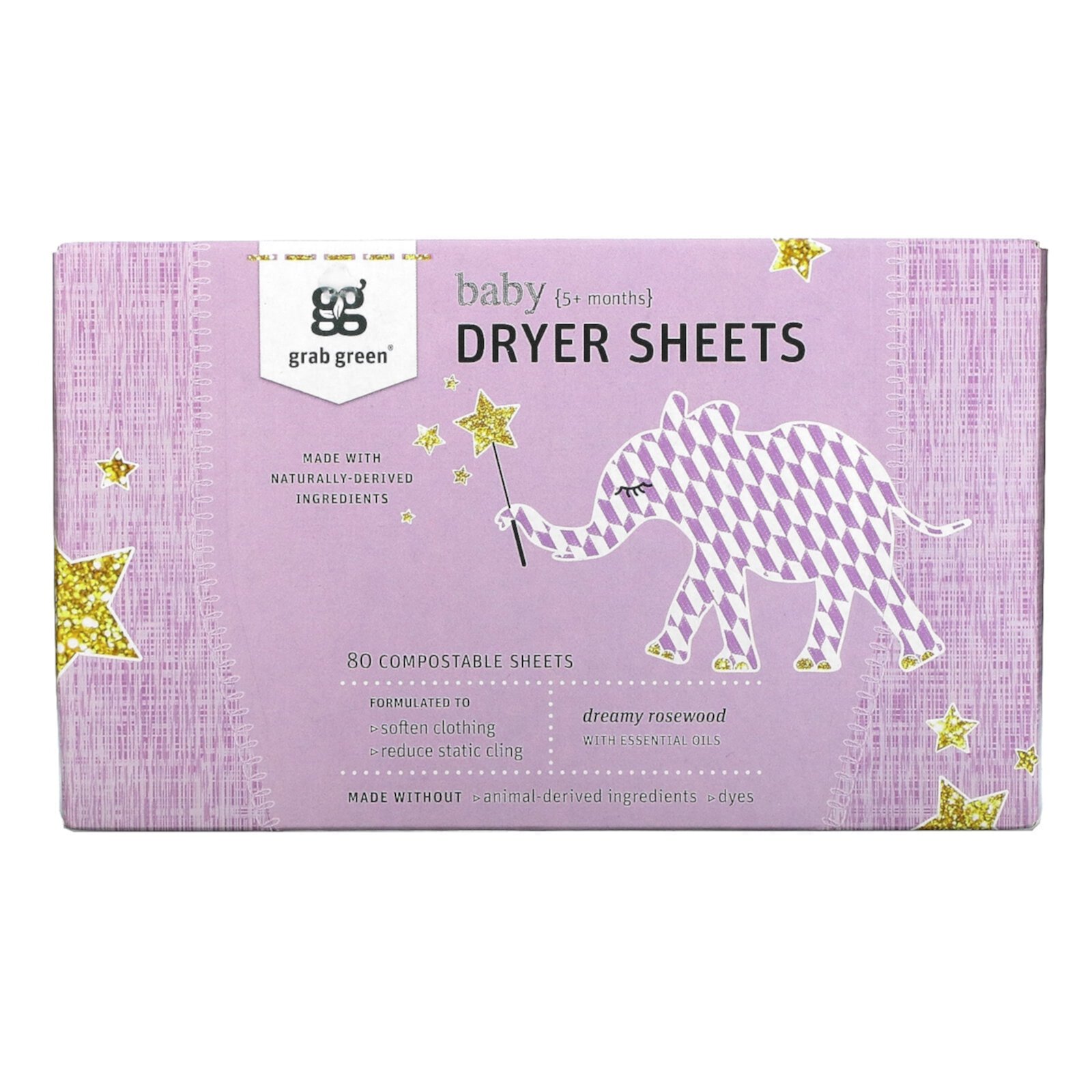 Grab Green Natural Baby Dryer Sheets (5+ Months), Free of Wax & Animal-Derived Ingredients, Dreamy Rosewood Scent,  80 Sheets Grab Green