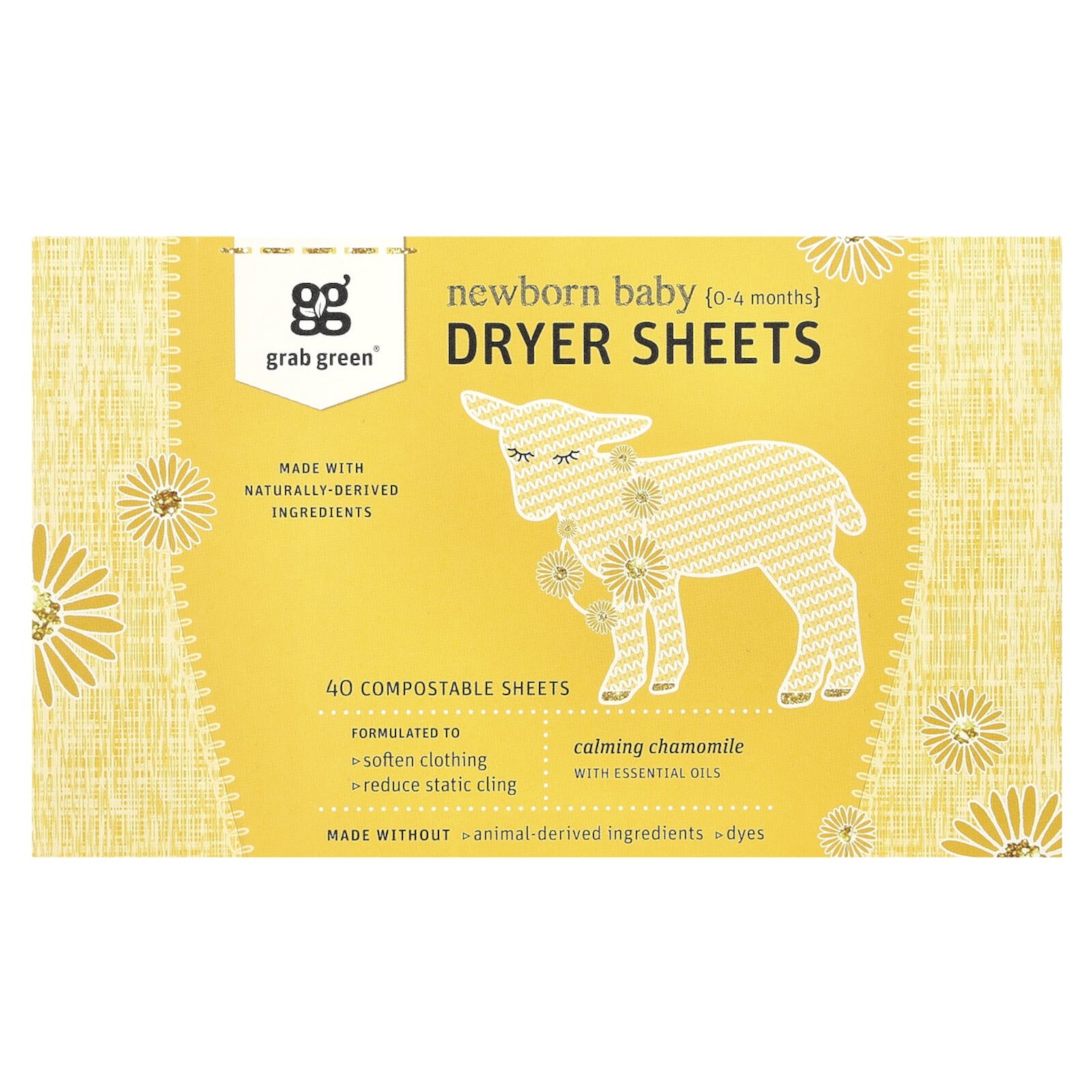 Grab Green Newborn Baby Dryer Sheets, 0-4 Months, 40 Compostable Sheets Grab Green