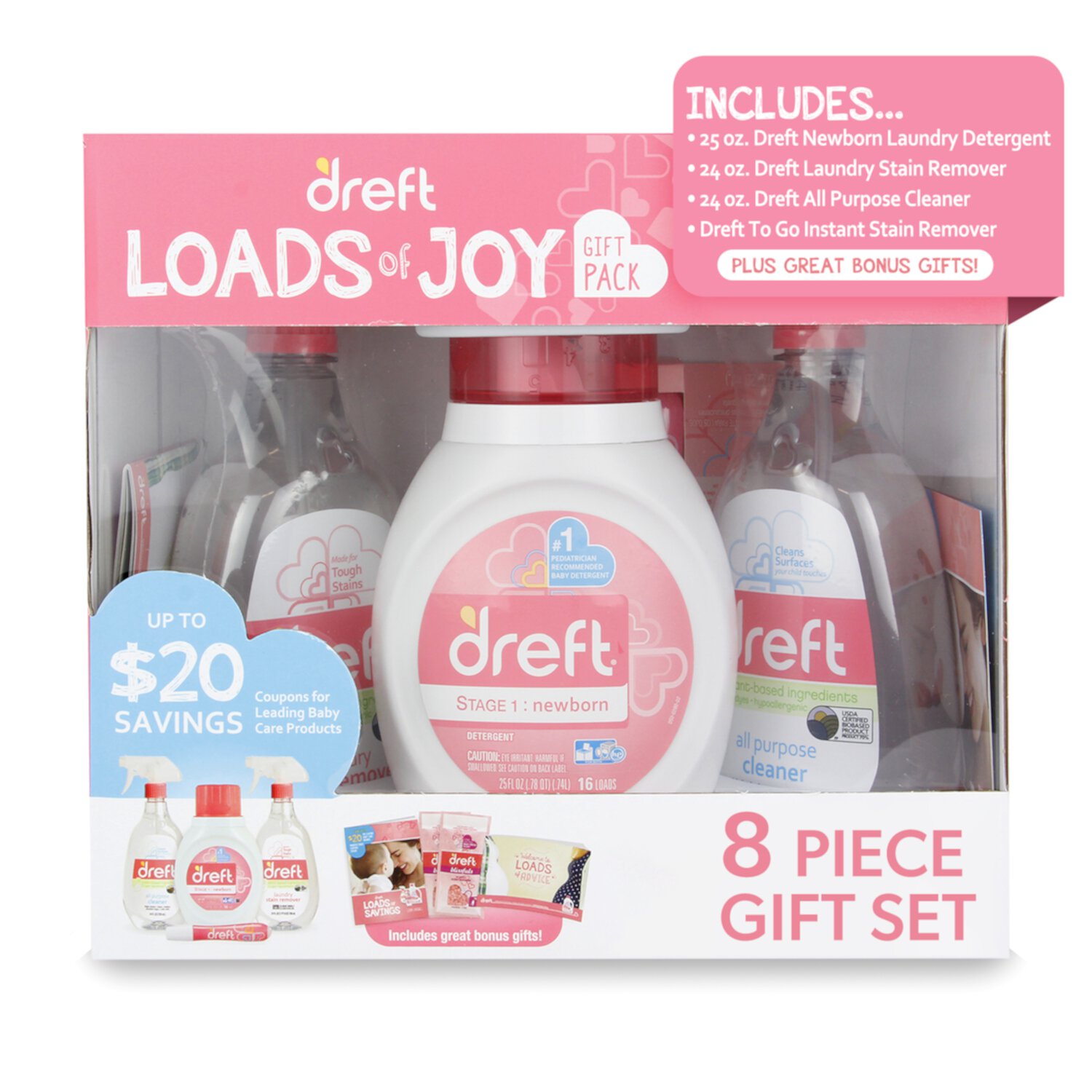 Dreft Loads of Joy Baby Gift Set with Laundry Detergent and Stain Remover, Infant Essentials, 16 Loads, 8 Pieces Dreft