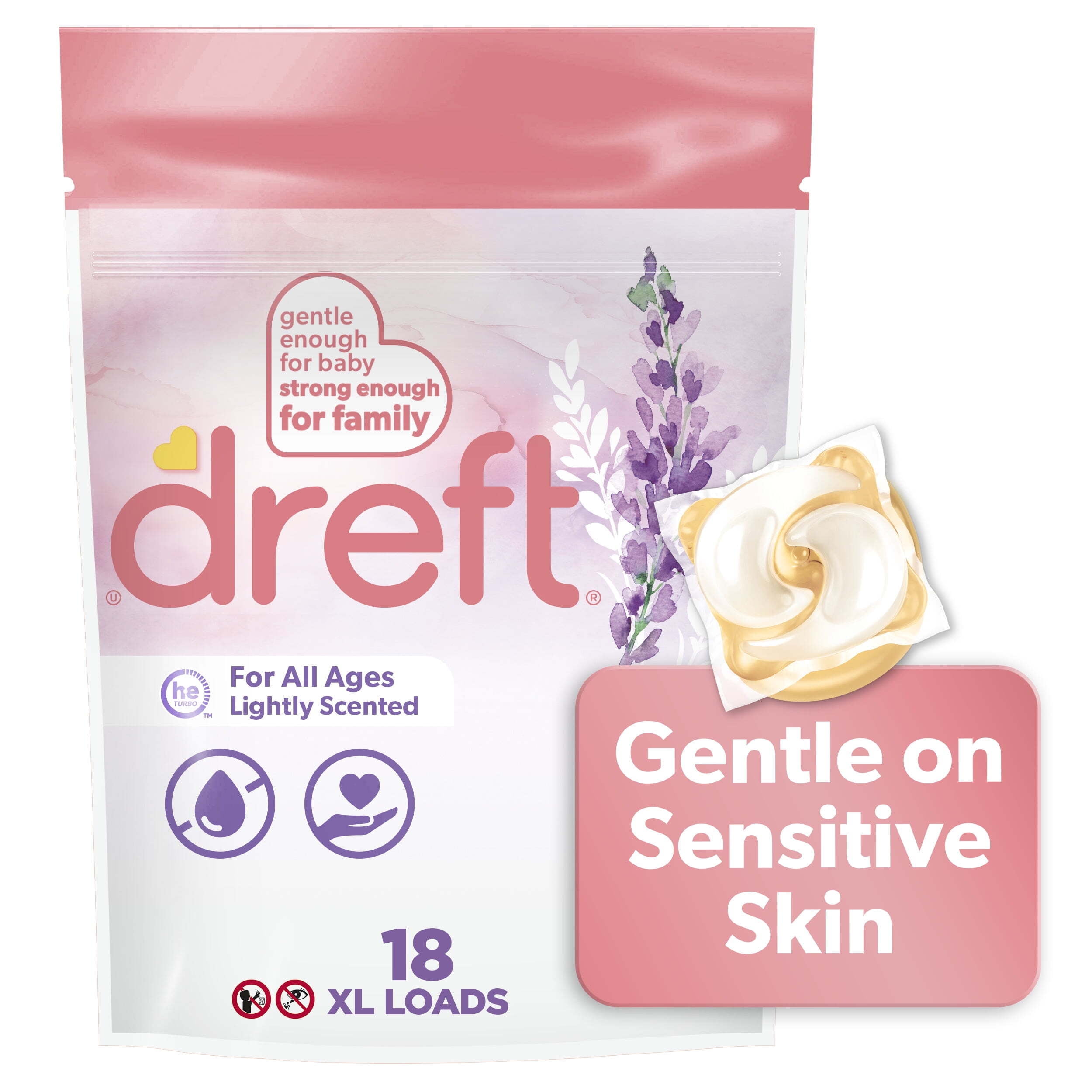 Dreft Baby Laundry Detergent XL Pacs, Sensitive Skin, Hypoallergenic, Lightly Scented Lavender, 18 Count Dreft