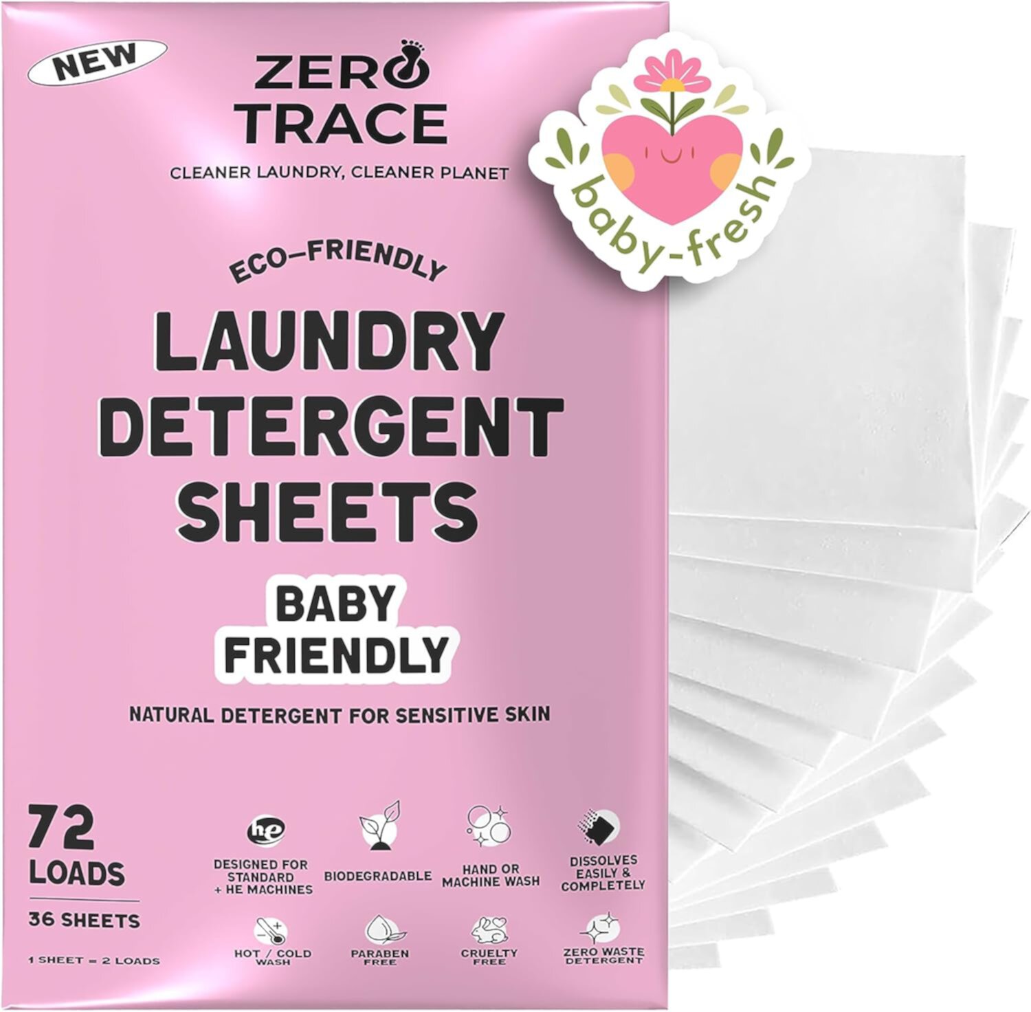 Zero Trace All Natural Baby Laundry Detergent Sheets - Powerful Eco-Friendly Travel Laundry Strips for Sensitive Skin (Baby Friendly) Zero Trace