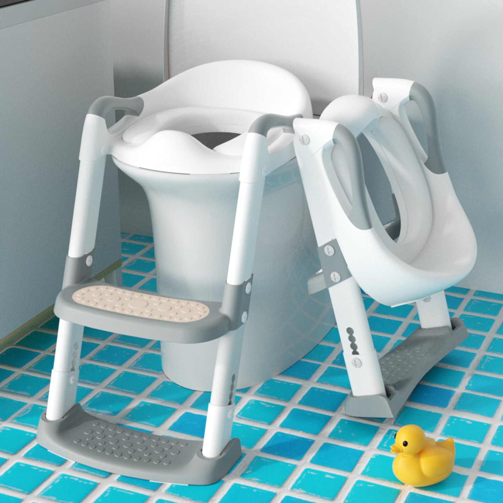 KORIMEFA Baby Potty Training Seat, Potty Toilet Seat, Foldable Toddler Toilet Potty Chair, Toilet Trainer Seat with Anti-Slip Pads Ladder for Boys Girls Kids, Grey KORIMEFA