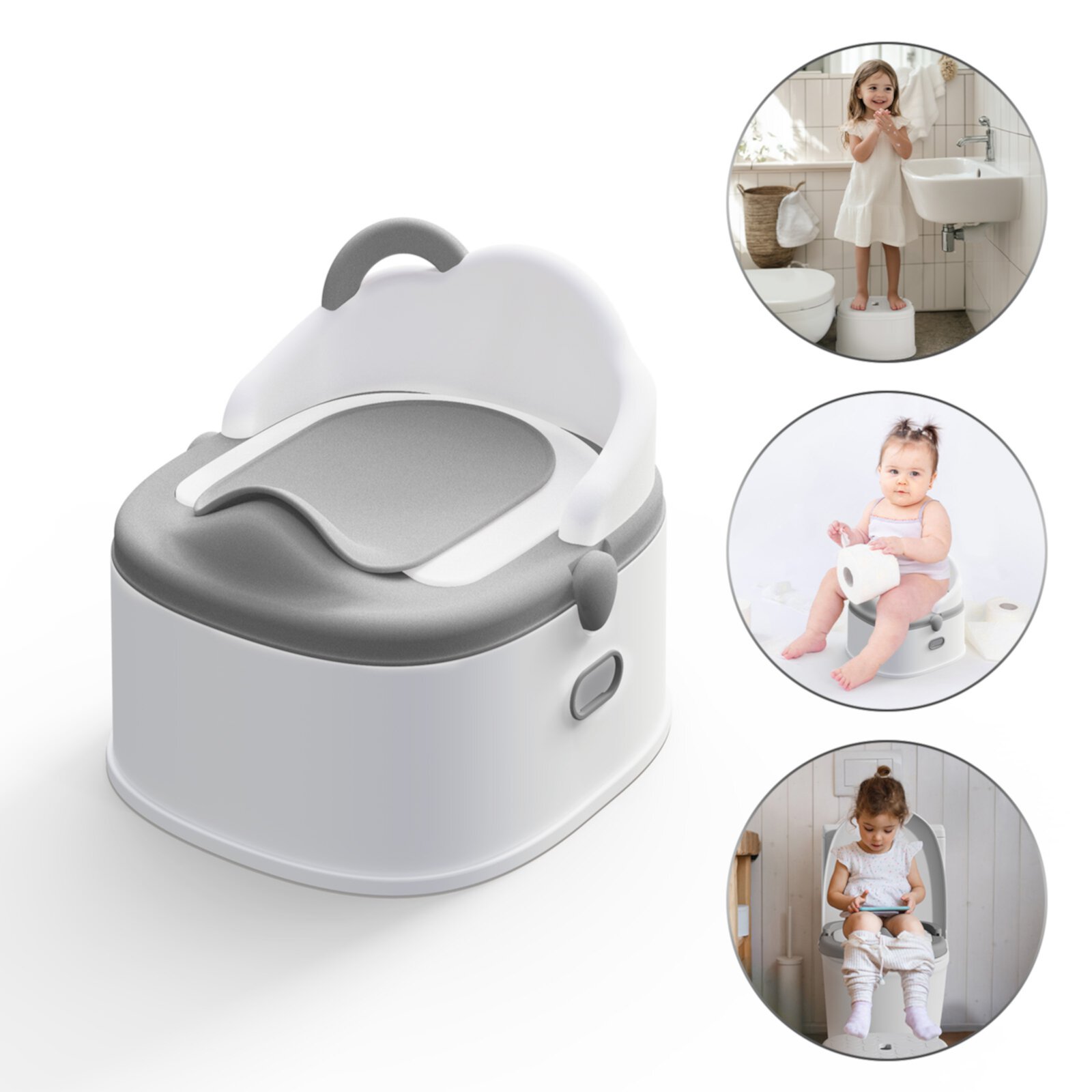 3 in-1 Potty Training Toilet (Standalone Potty & Potty Ring & Step Stool), With Washable Liner and Lid,One-click Assembly, Easy to Clean (Grey) Babyomi