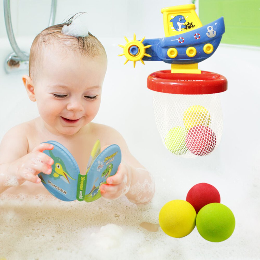 HANMUN Bath Toy Toddler Basketball Hoop Balls Playset Ship-themed Bathtub Basketball Hoop Balls Set Bathing Pool Toys Shooting Game for Bathroom Indoor + Dinosaur Book HANMUN