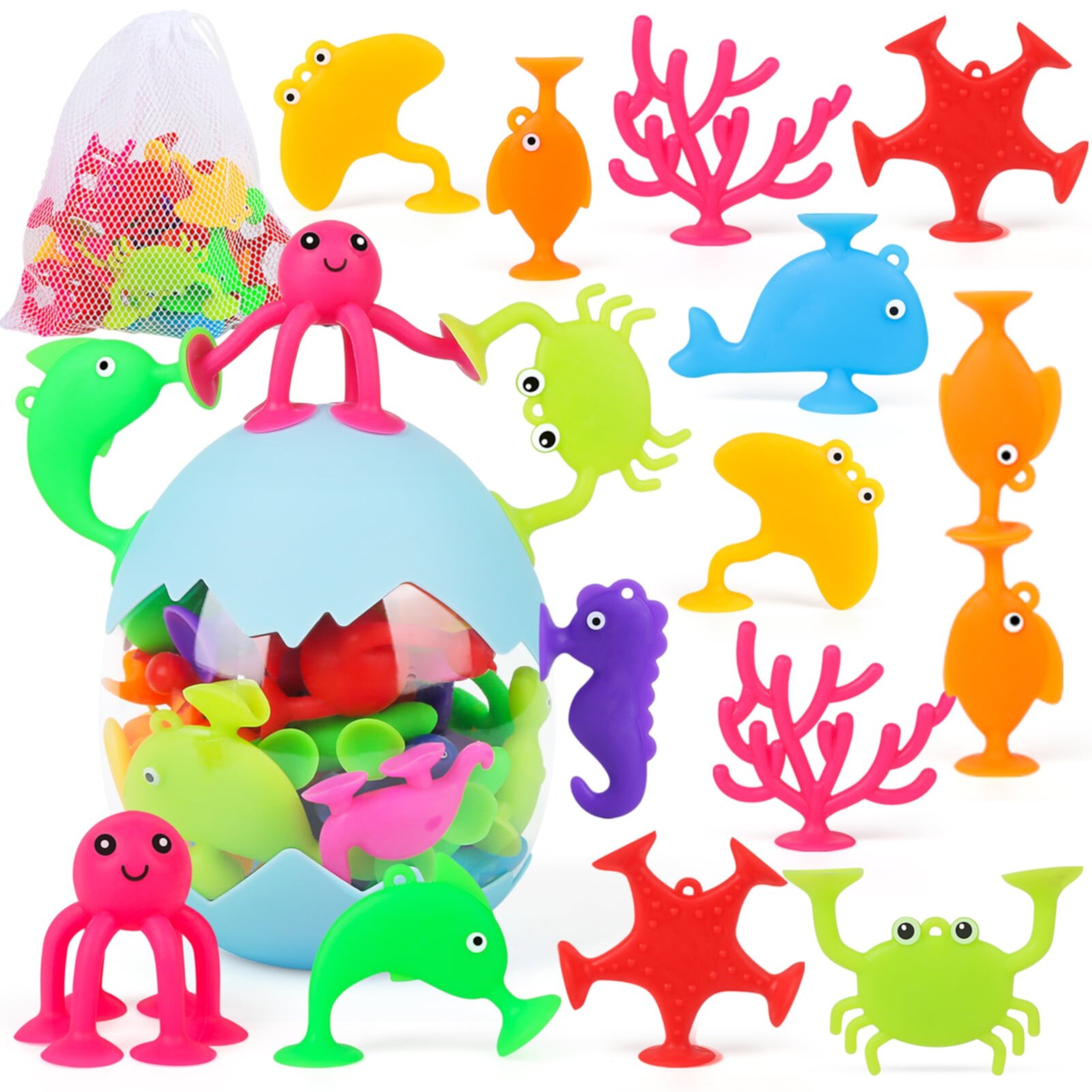 Suction Cup Toys for Toddlers, Bathtub Toys for Kids Ages 3+, 24 Pcs Silicone Ocean Animal Suction Toys with Dinosaur Eggshell Bath Toy Storage, Suit Easter Basket Toys for Baby Tepear