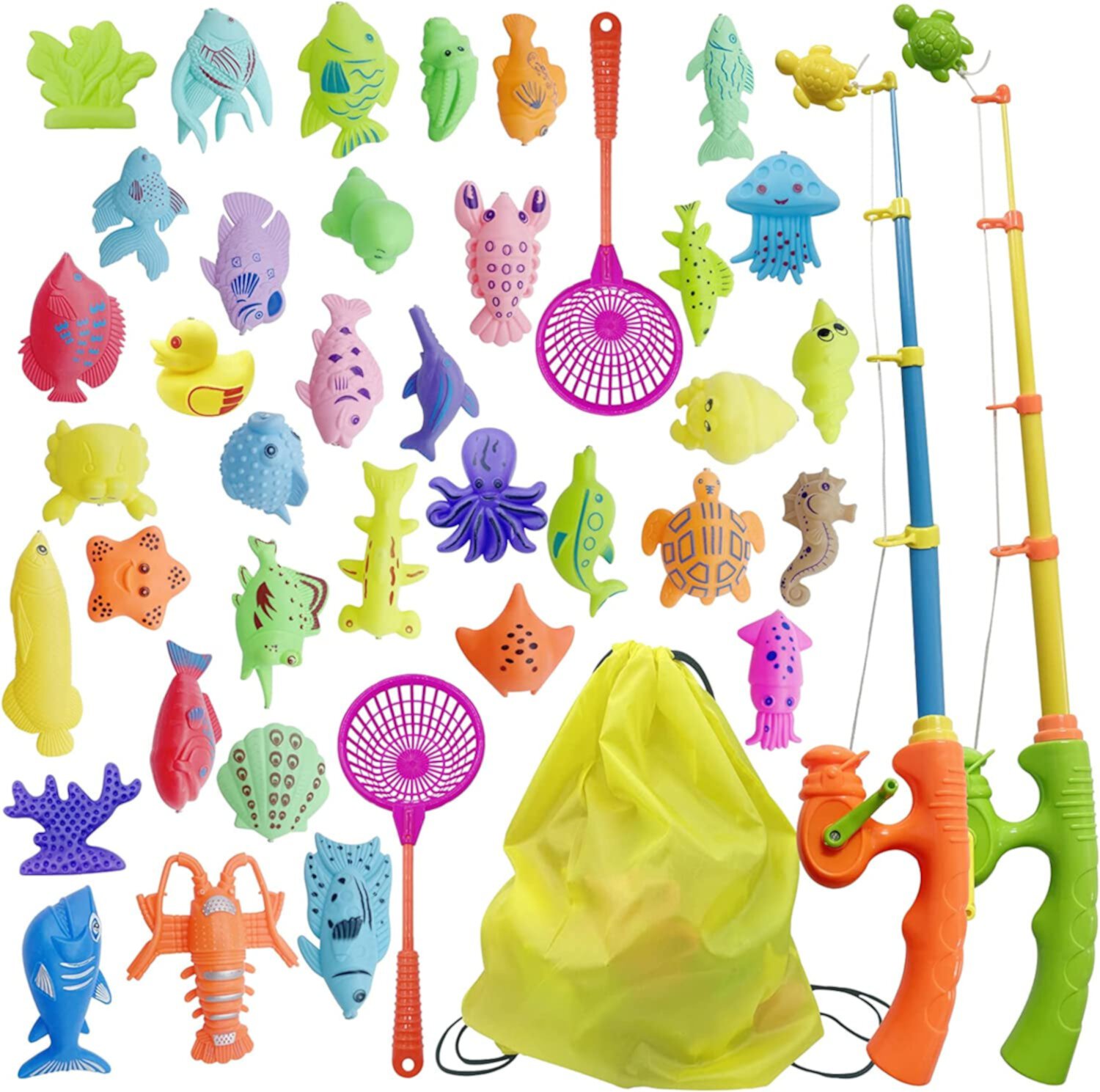 Kids Fishing Bath Toy Set - Magnetic Rod & Net, Floating Fish - Educational Ocean Animals Learning Toy for Toddler Rirool