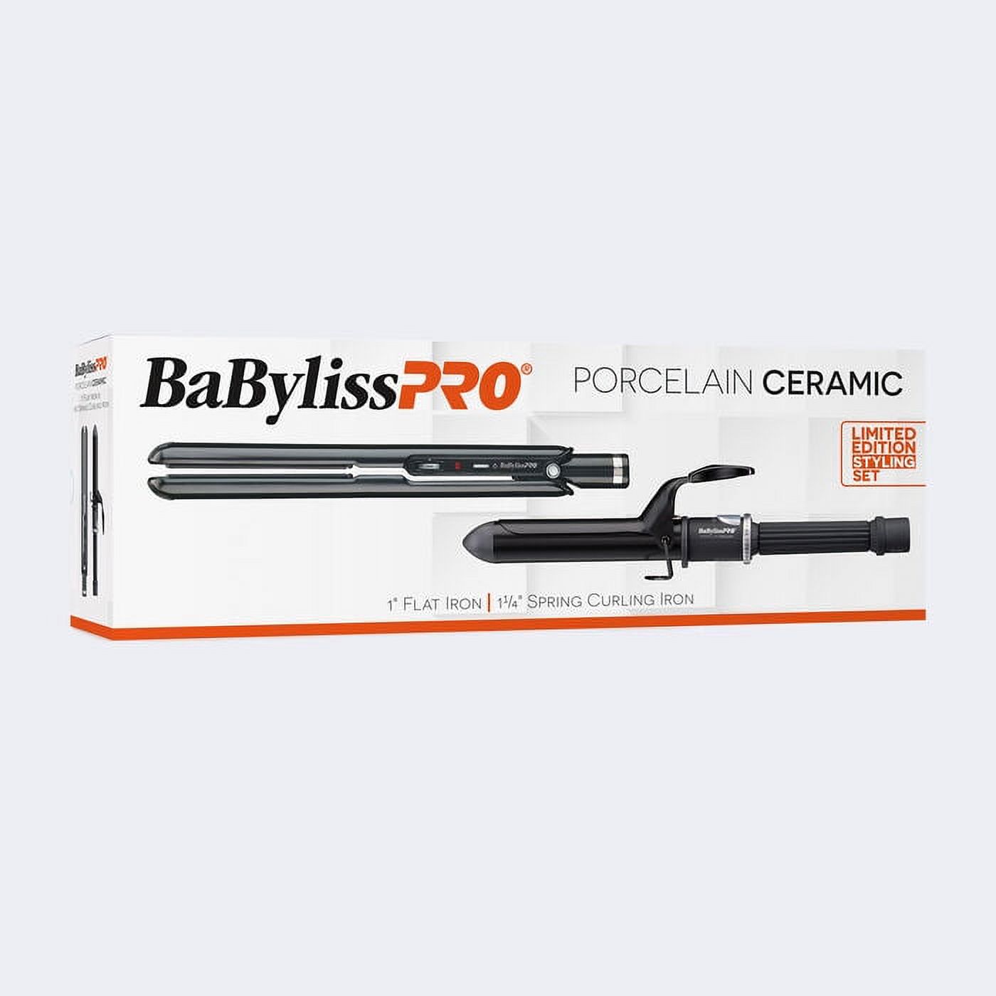 BaBylissPRO Porcelain Ceramic 1 1/4" Spring Curling Iron & 1" Flat Iron Prepack BABYLISSPRO