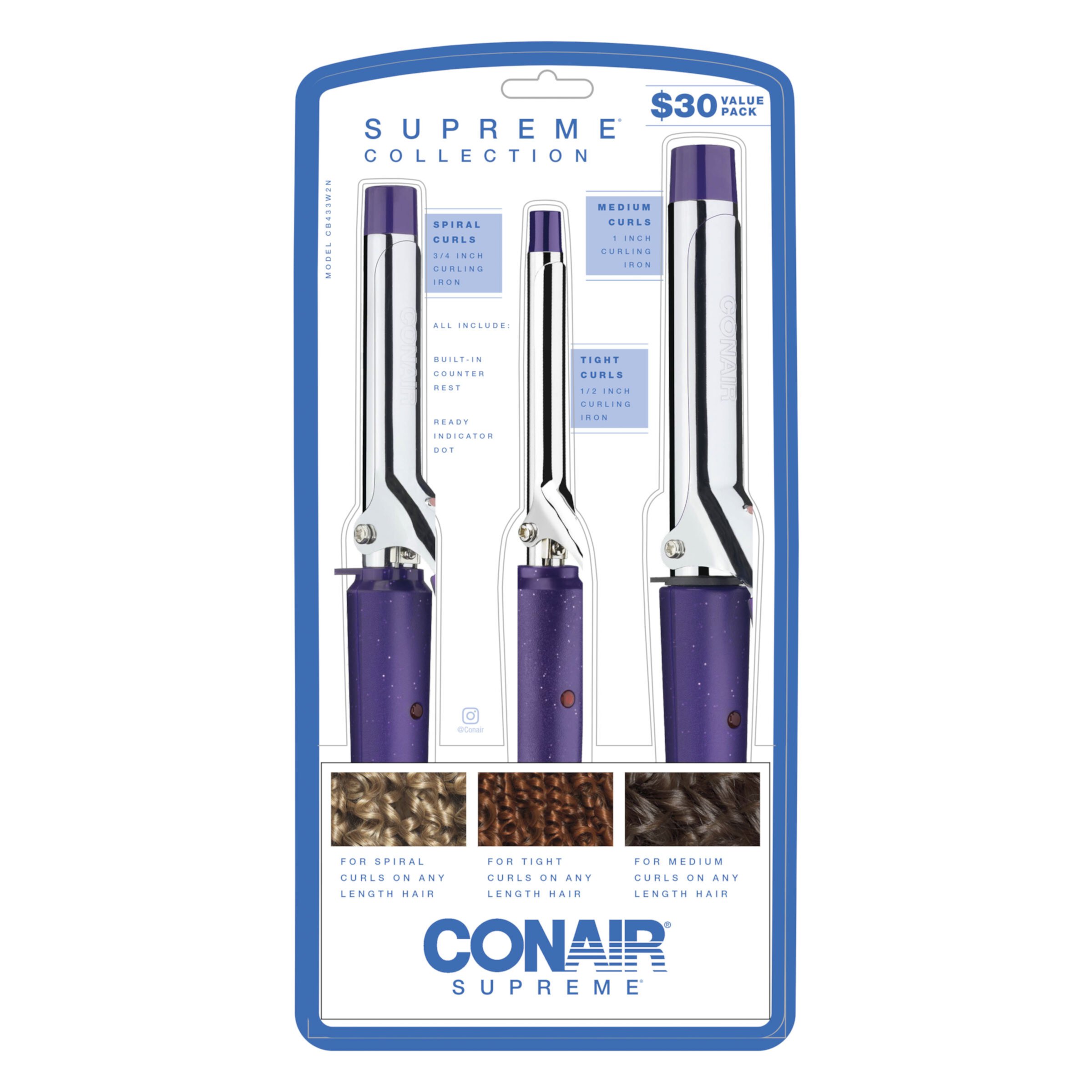 Conair Supreme Triple 0.5", 0.75", 1" Ceramic Spring Curling Iron, Purple, 3 Piece, CB433W2N Conair