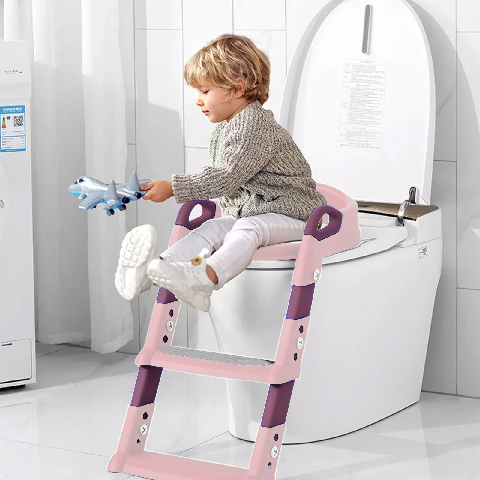 Potty Training Seat with Step Stool Ladder, Foldable Training Seat with Handles, Height Adjustable for Toddlers（Pink) Obee Odee