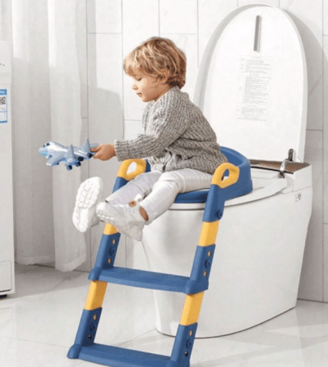 Potty Training Seat with Step Stool Ladder, Foldable Training Seat with Handles, Height Adjustable for Toddlers（Blue) Obee Odee